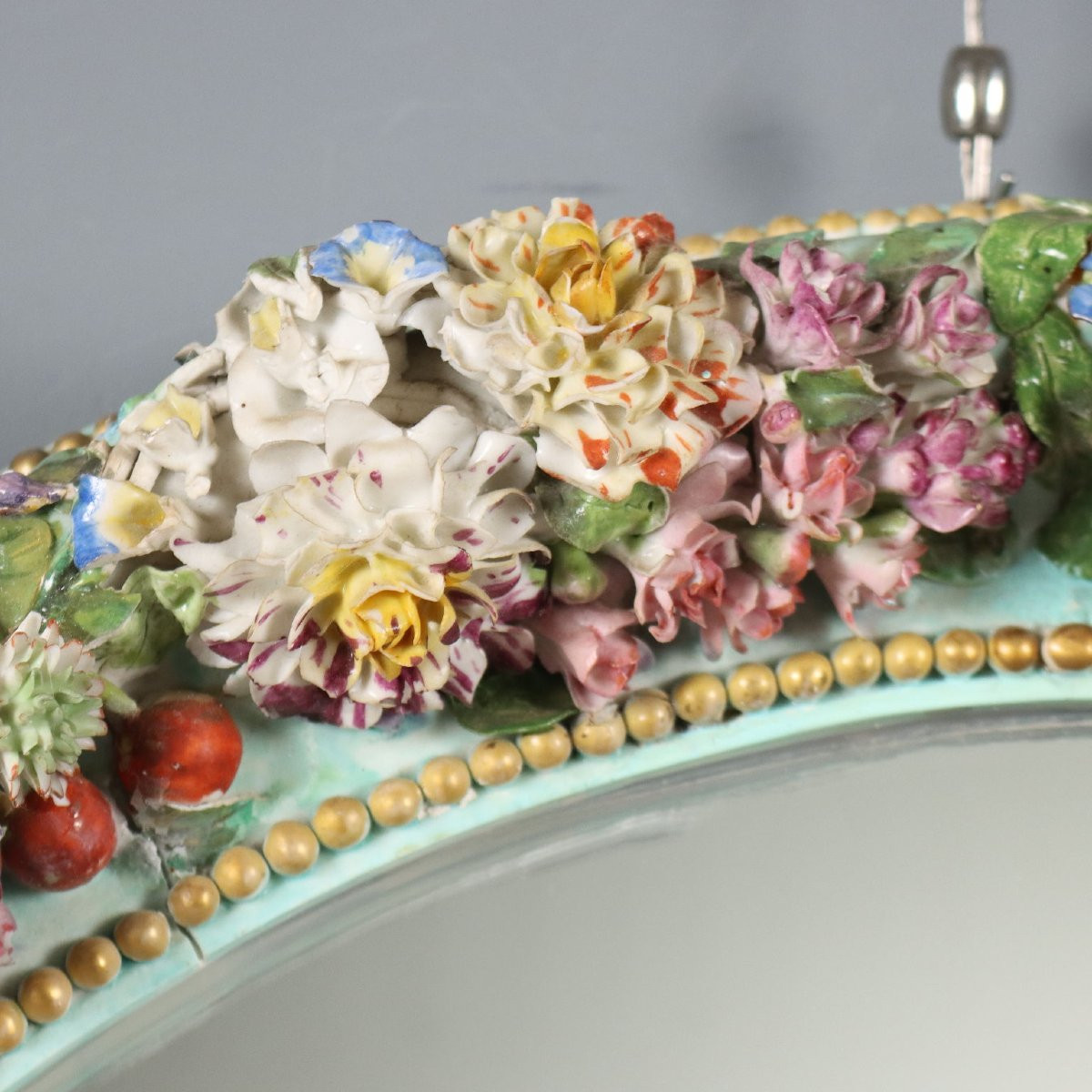 Miroir Ancien Cadré en Céramique Fleurs Italie du XIXe Siècle-photo-3