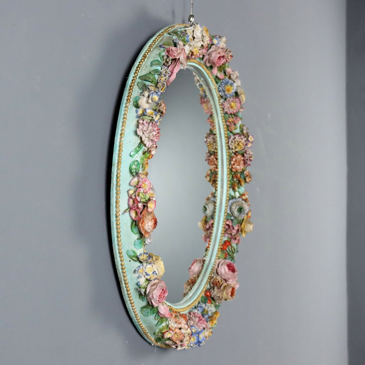 Miroir Ancien Cadré en Céramique Fleurs Italie du XIXe Siècle-photo-5