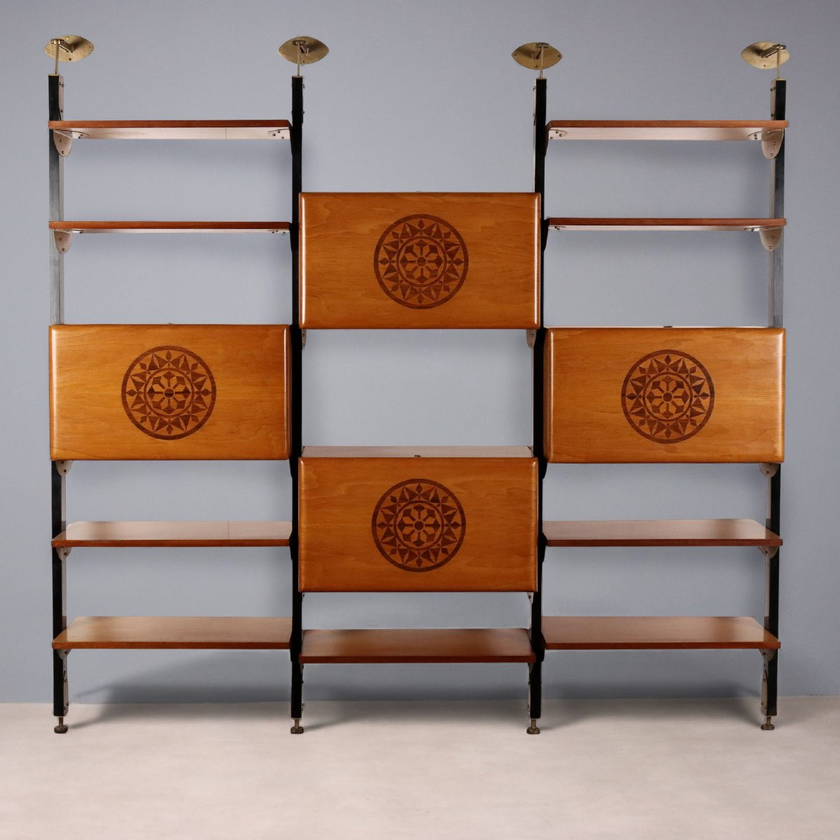 Bibliothèque Vintage Bois Teinté Métal Design Italie Années 1960-photo-3