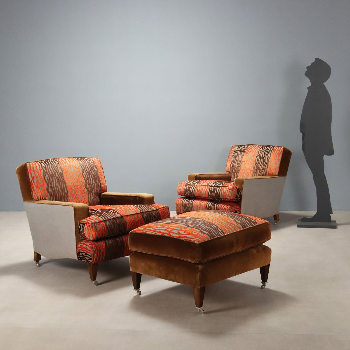 Antique Armchairs With Poufs Velvet Fabric Italy XX Century-photo-2