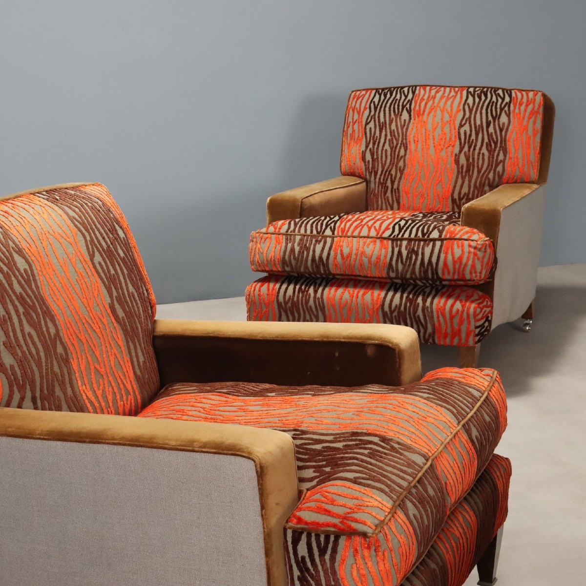 Antique Armchairs With Poufs Velvet Fabric Italy XX Century-photo-3