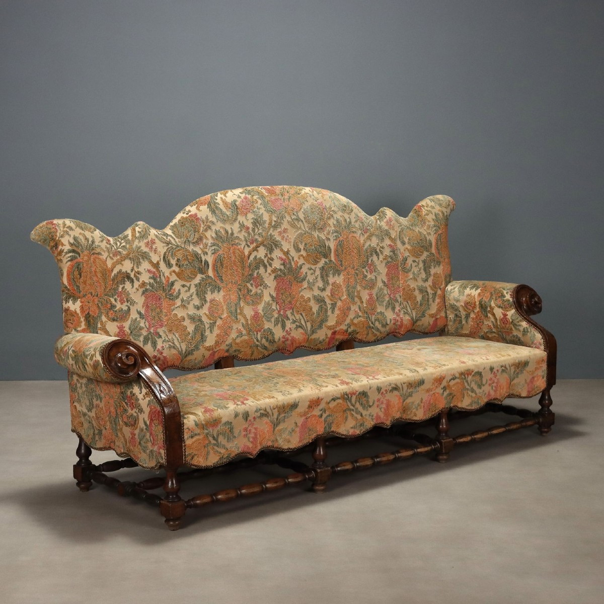 Antique Baroque Sofa Walnut Fabric Italy XVIII Century