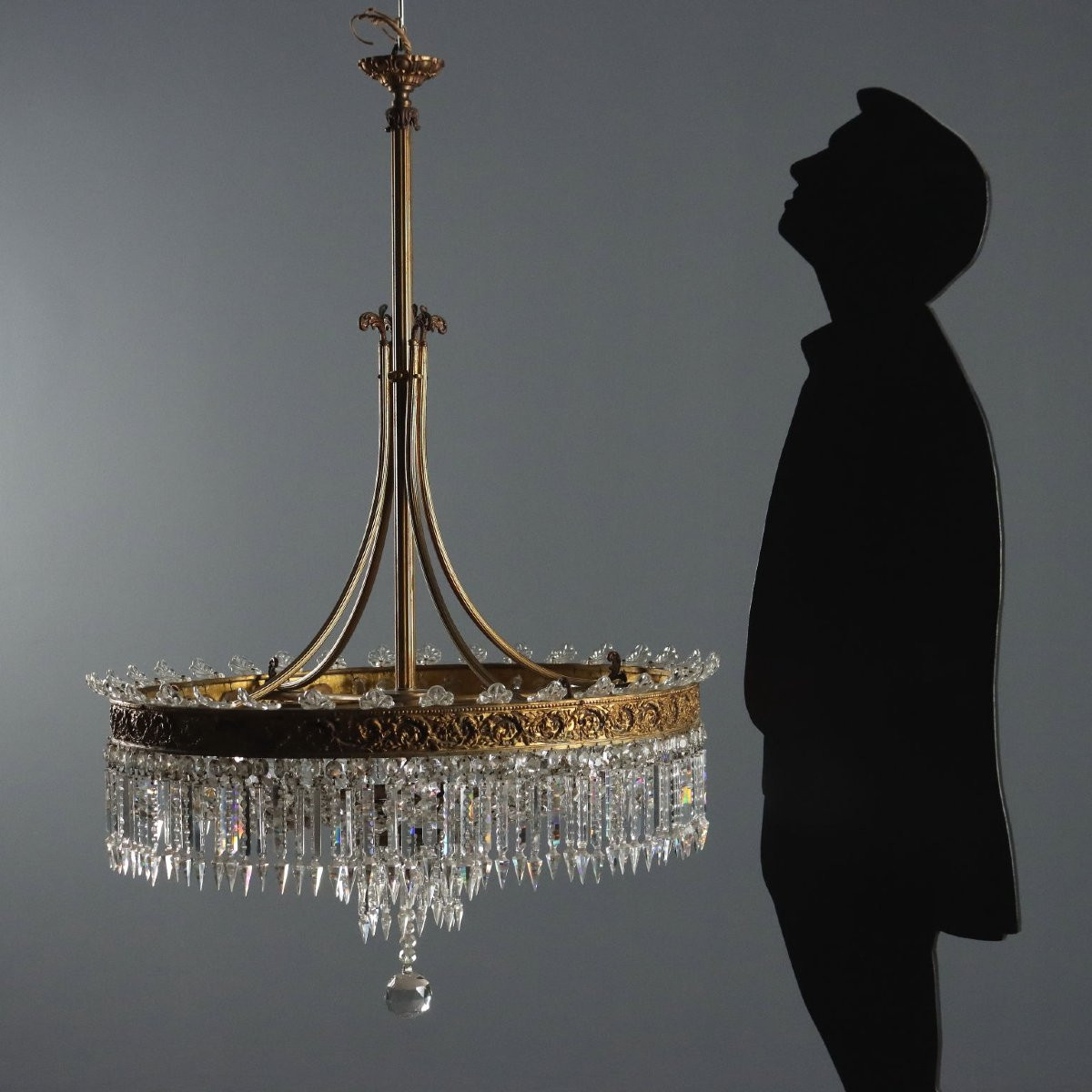 Antique Chandelier Empire Style Gilded Metal Glass XX Century-photo-2