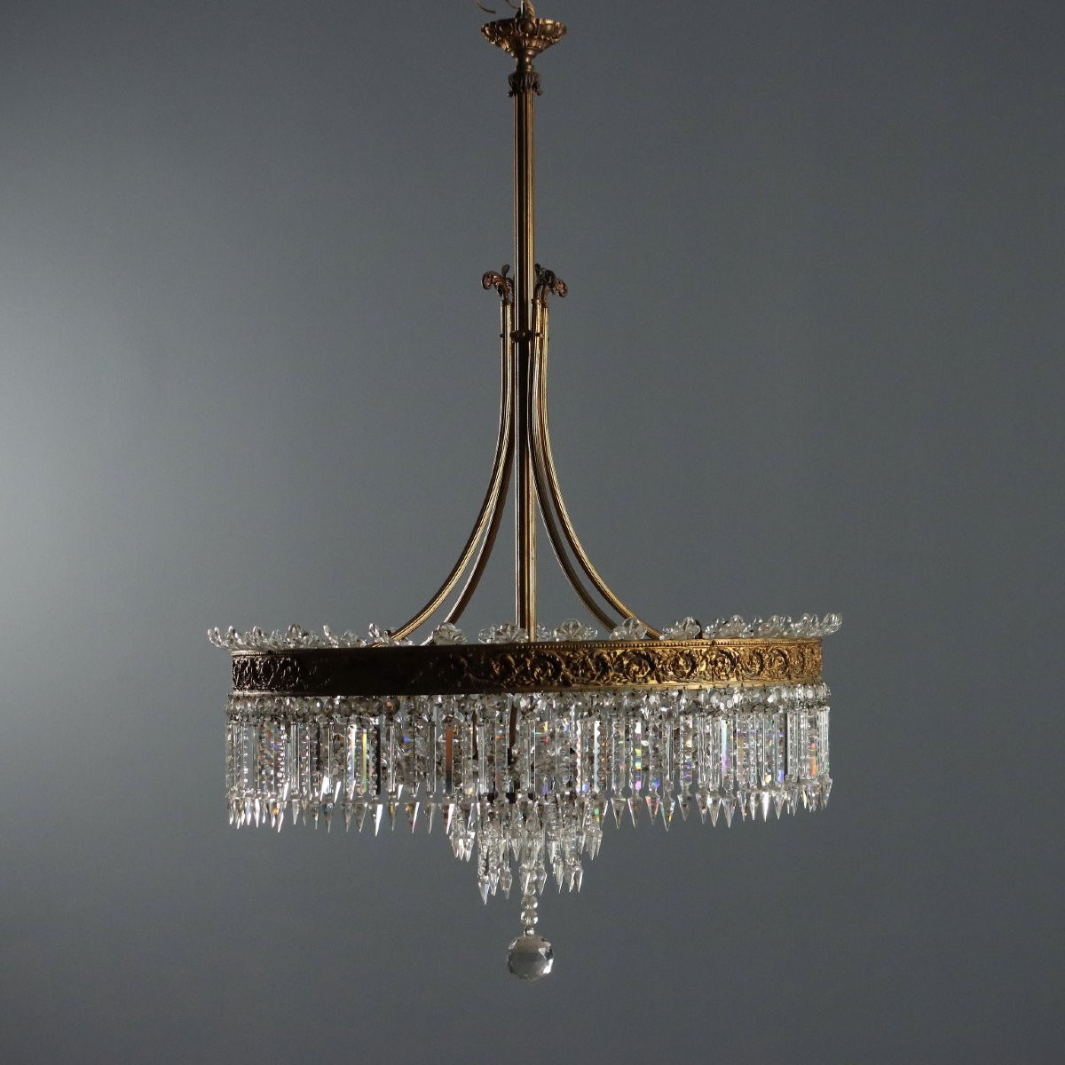 Antique Chandelier Empire Style Gilded Metal Glass XX Century-photo-3