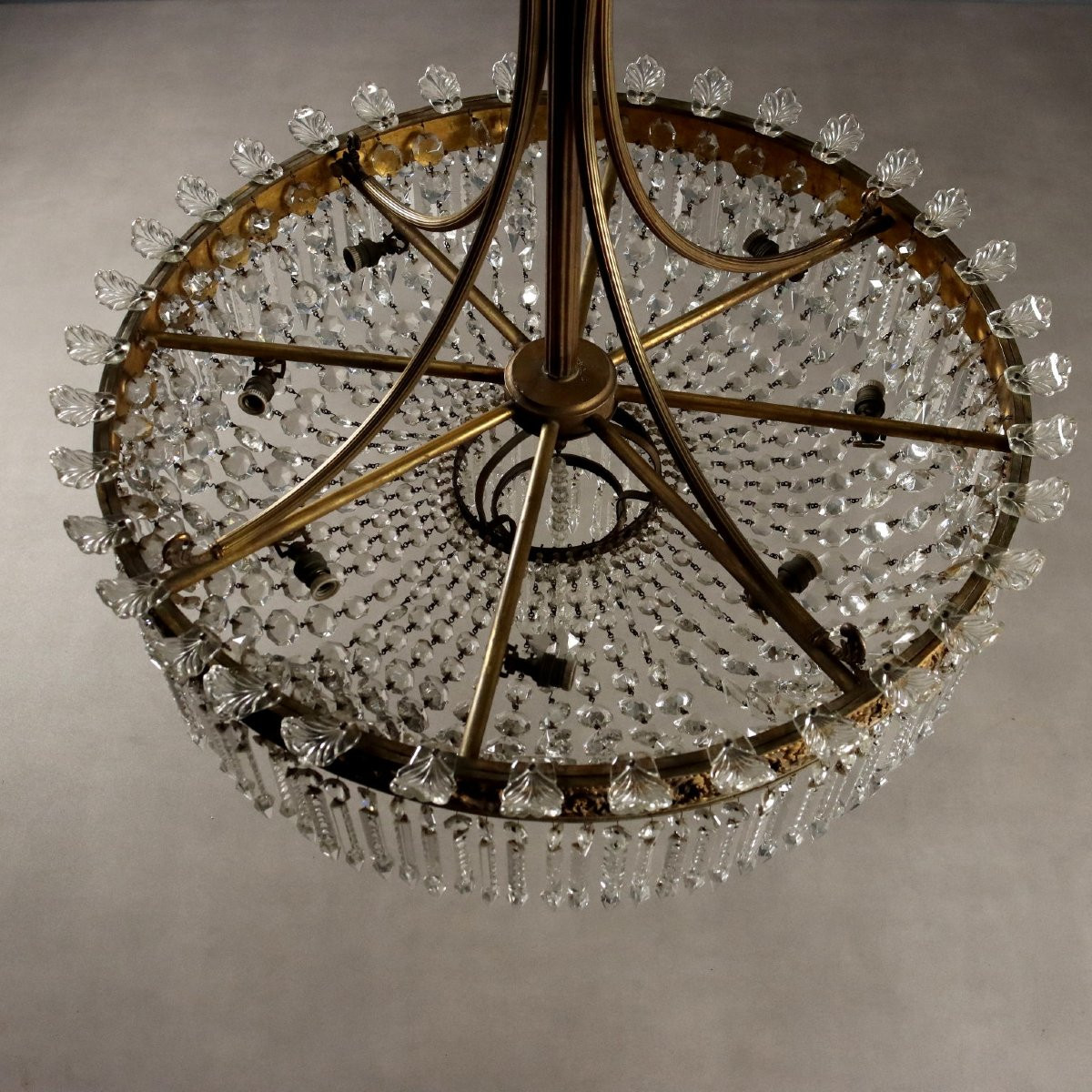 Antique Chandelier Empire Style Gilded Metal Glass XX Century-photo-4
