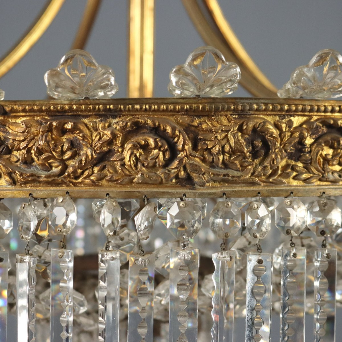 Antique Chandelier Empire Style Gilded Metal Glass XX Century-photo-1