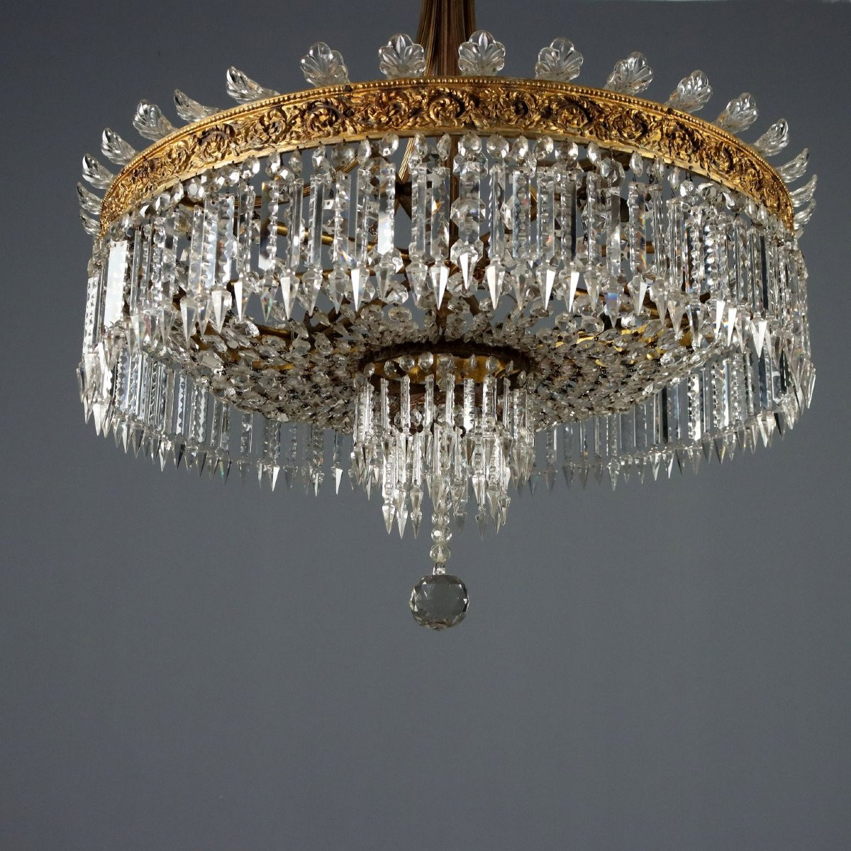 Antique Chandelier Empire Style Gilded Metal Glass XX Century-photo-3