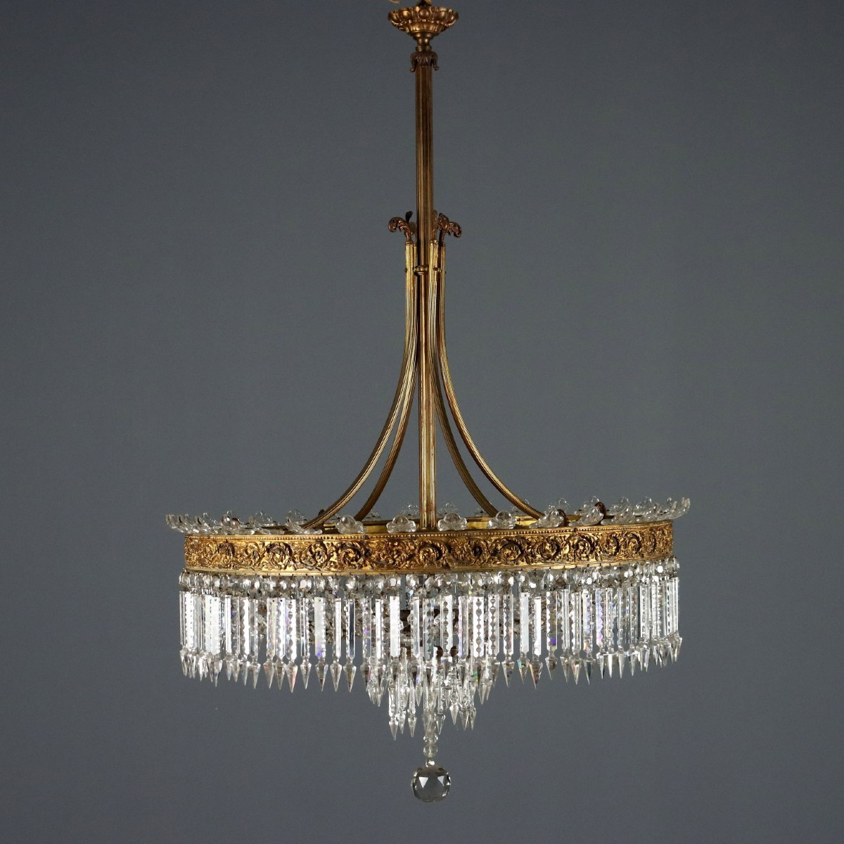 Antique Chandelier Empire Style Gilded Metal Glass XX Century