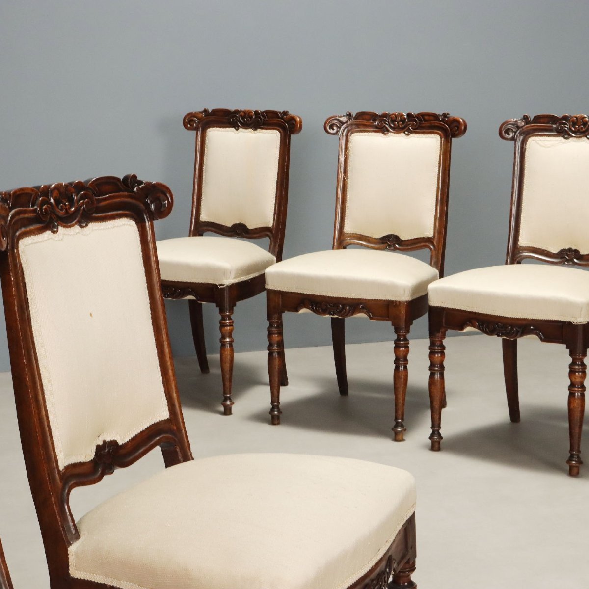 Six Chaises Louis Philippe Anciennes Noyer Gravé XIXe Siècle-photo-3