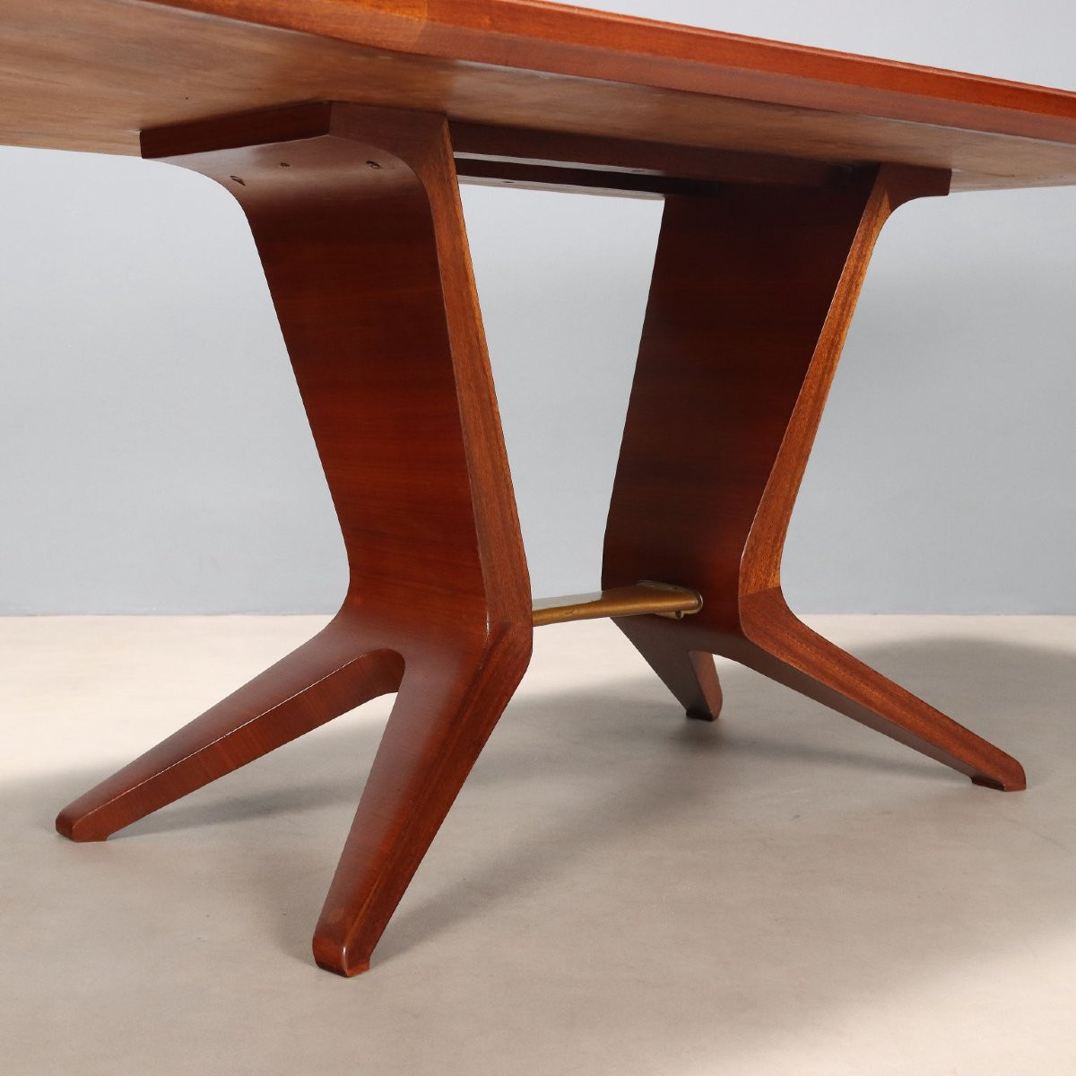 Vintage Table Mahogany Veneer Brass Glass Design Italy 1950s-photo-3