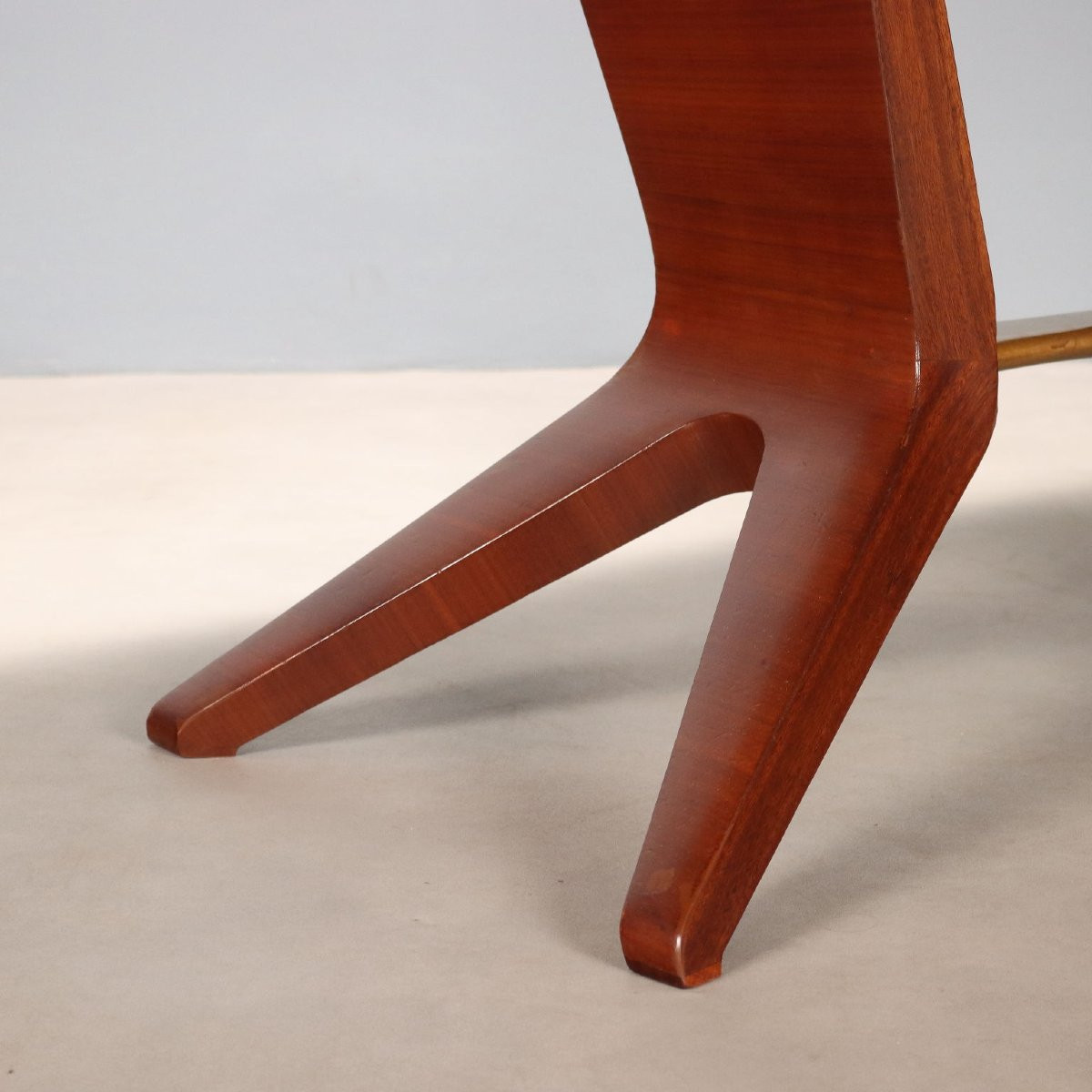 Vintage Table Mahogany Veneer Brass Glass Design Italy 1950s-photo-4