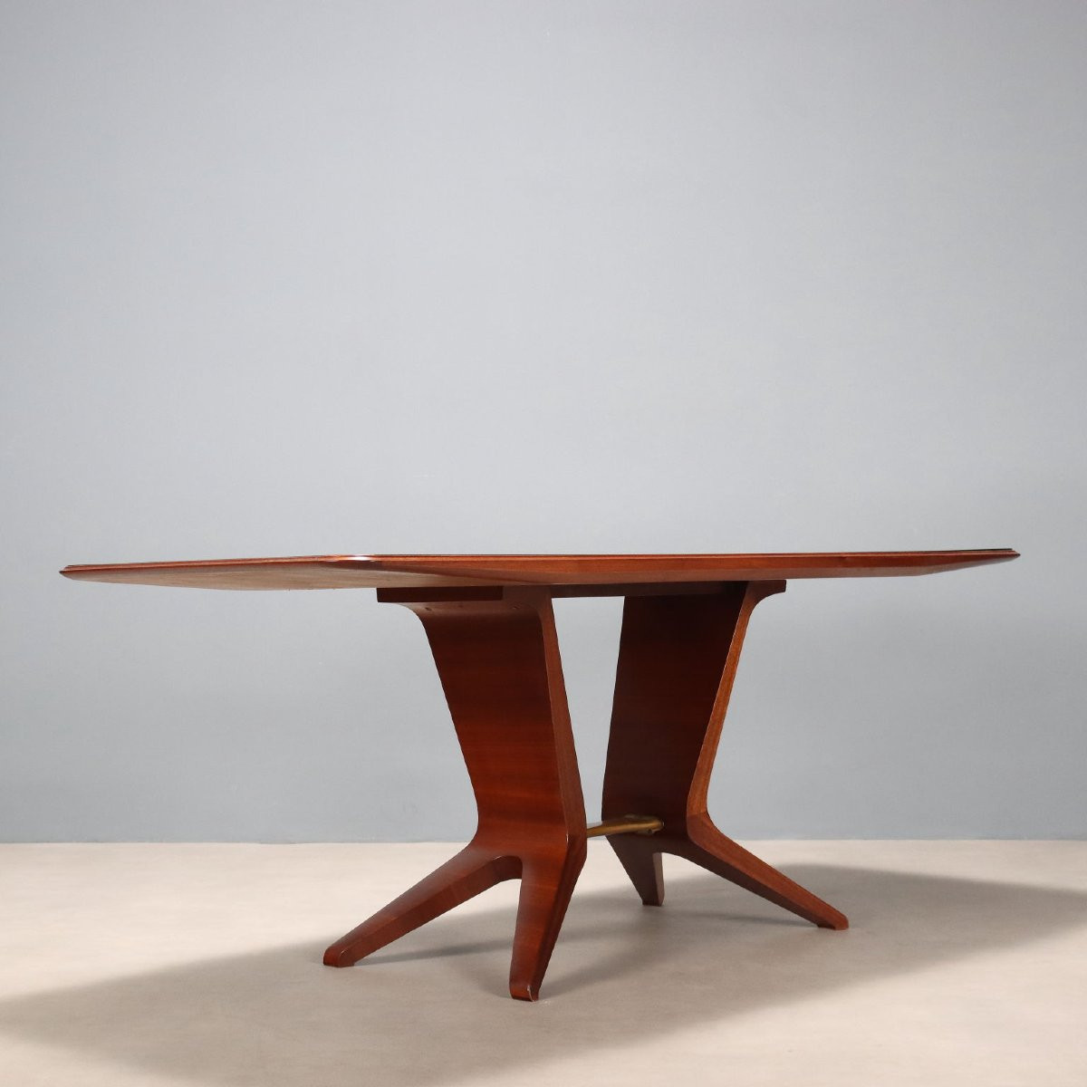 Vintage Table Mahogany Veneer Brass Glass Design Italy 1950s-photo-6