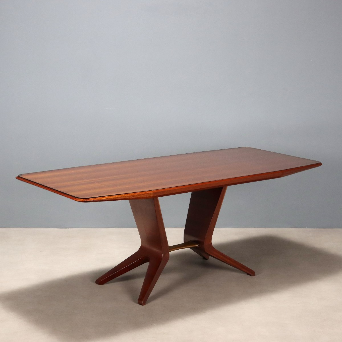 Vintage Table Mahogany Veneer Brass Glass Design Italy 1950s