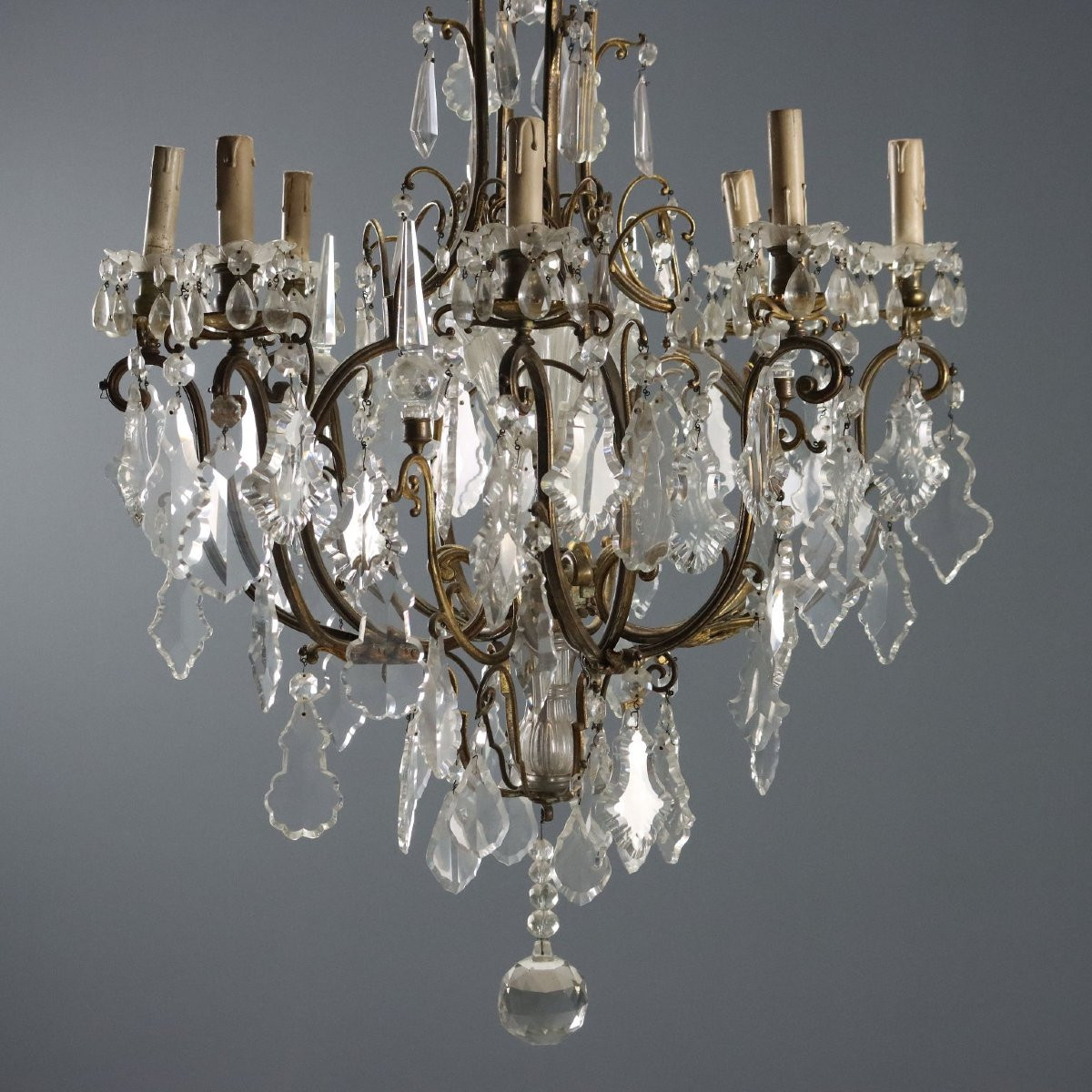 Lustre Ancien Métal Doré Verre Italie du XIXe Siècle-photo-3