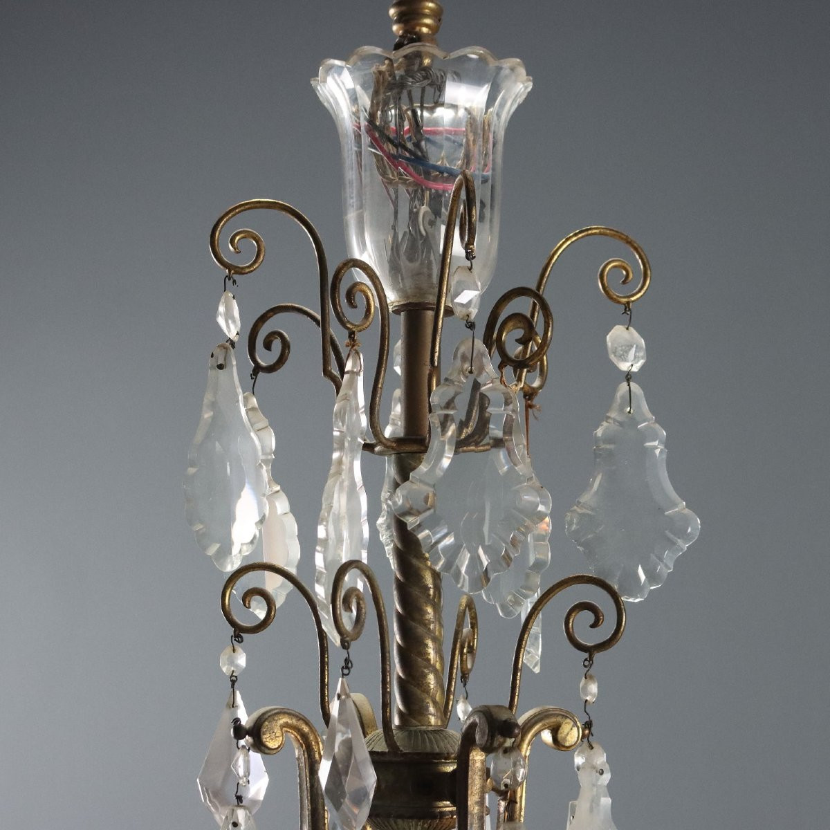 Lustre Ancien Métal Doré Verre Italie du XIXe Siècle-photo-1