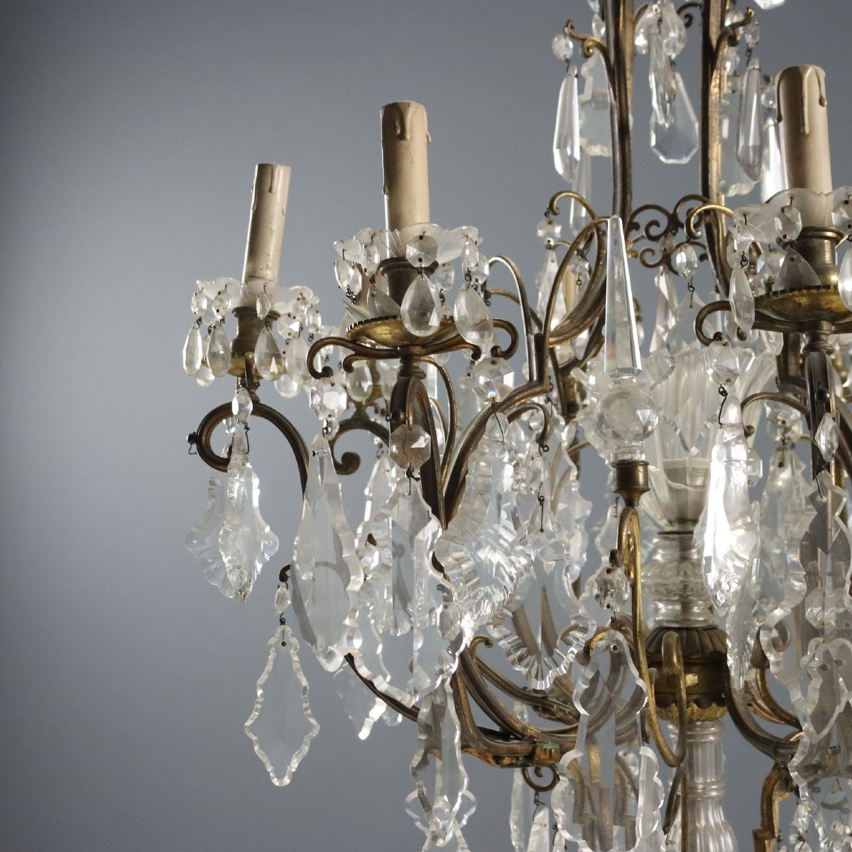 Lustre Ancien Métal Doré Verre Italie du XIXe Siècle-photo-2