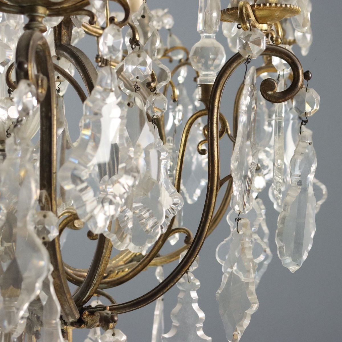 Lustre Ancien Métal Doré Verre Italie du XIXe Siècle-photo-4