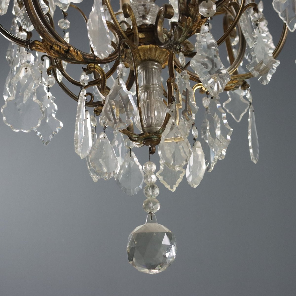 Lustre Ancien Métal Doré Verre Italie du XIXe Siècle-photo-5