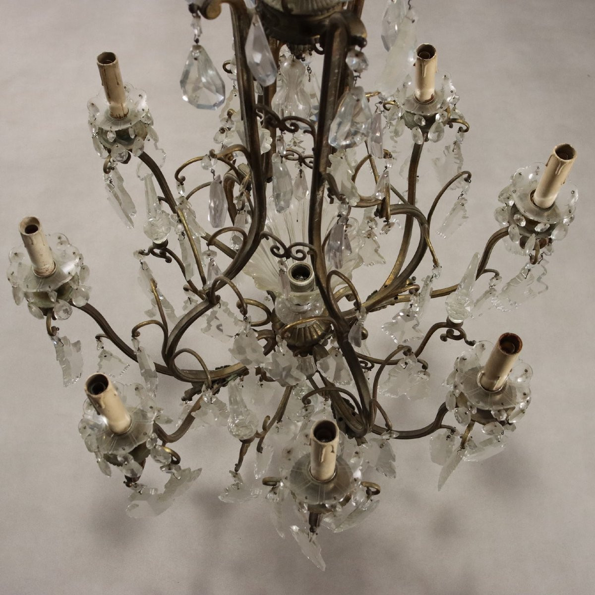 Lustre Ancien Métal Doré Verre Italie du XIXe Siècle-photo-6