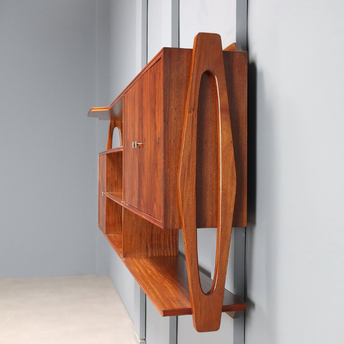 Meuble Mural Vintage Plaqué en Bois Exotiques Design Années 50-photo-1