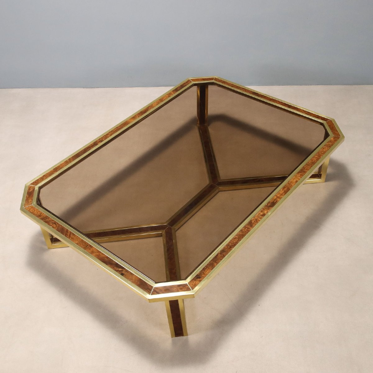 Table Basse Vintage Laiton Bruyère Verre Design Années 1970-photo-3