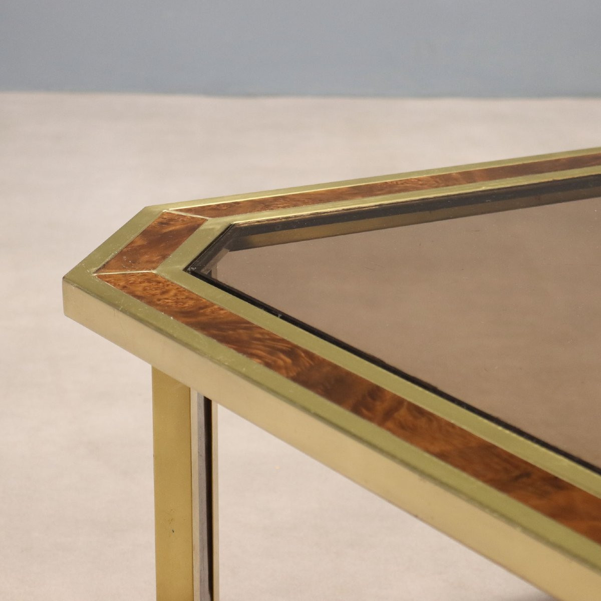 Table Basse Vintage Laiton Bruyère Verre Design Années 1970-photo-4