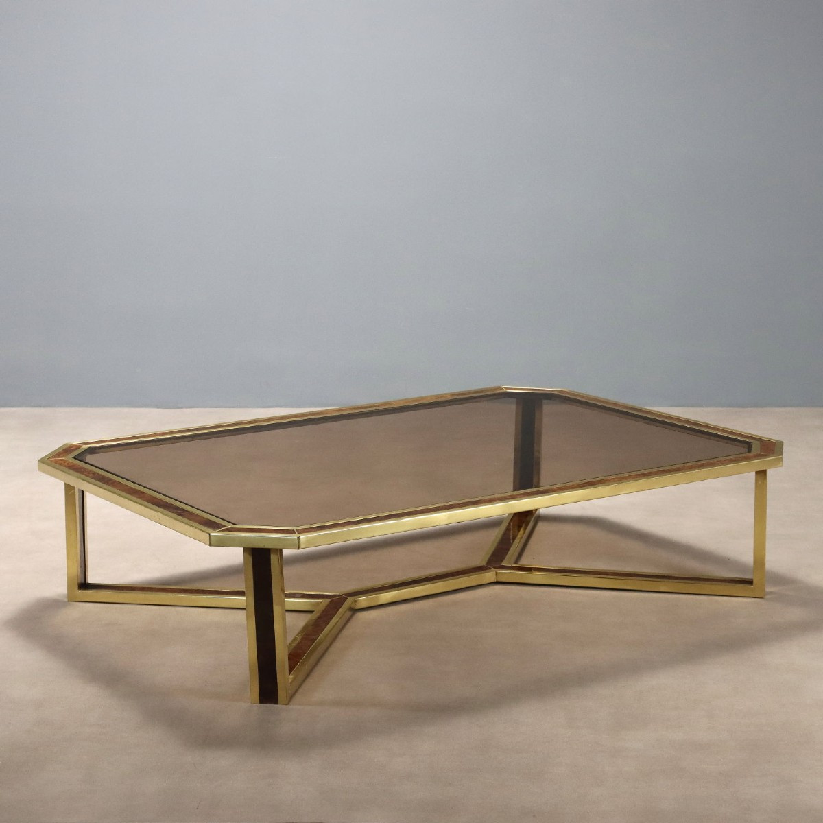 Table Basse Vintage Laiton Bruyère Verre Design Années 1970