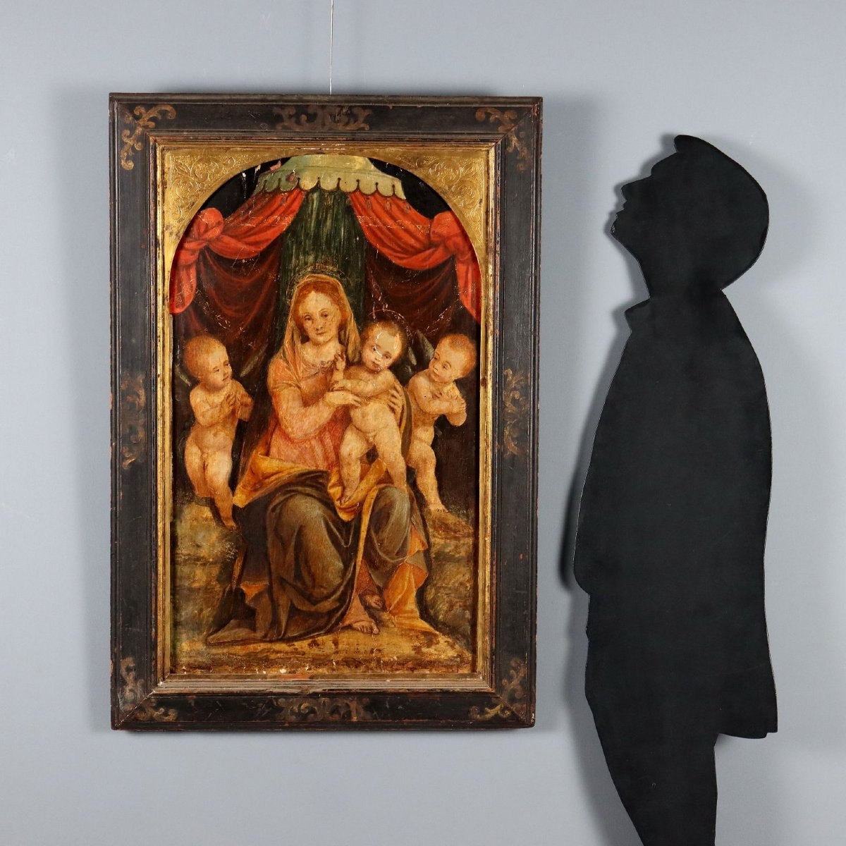 Tableau Ancien Vièrge Marie avec Enfant et Anges Huile sur Panneau-photo-2