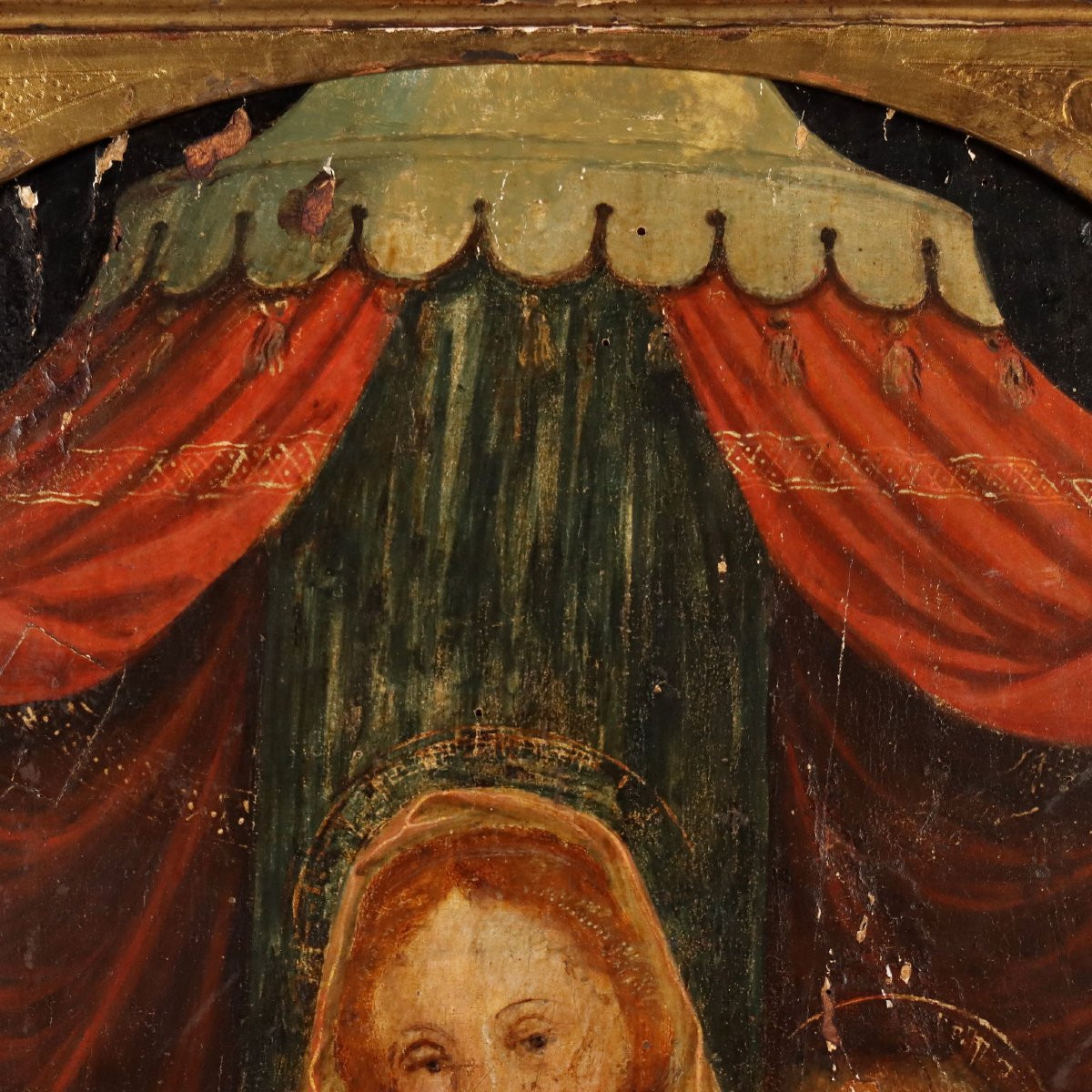 Tableau Ancien Vièrge Marie avec Enfant et Anges Huile sur Panneau-photo-4