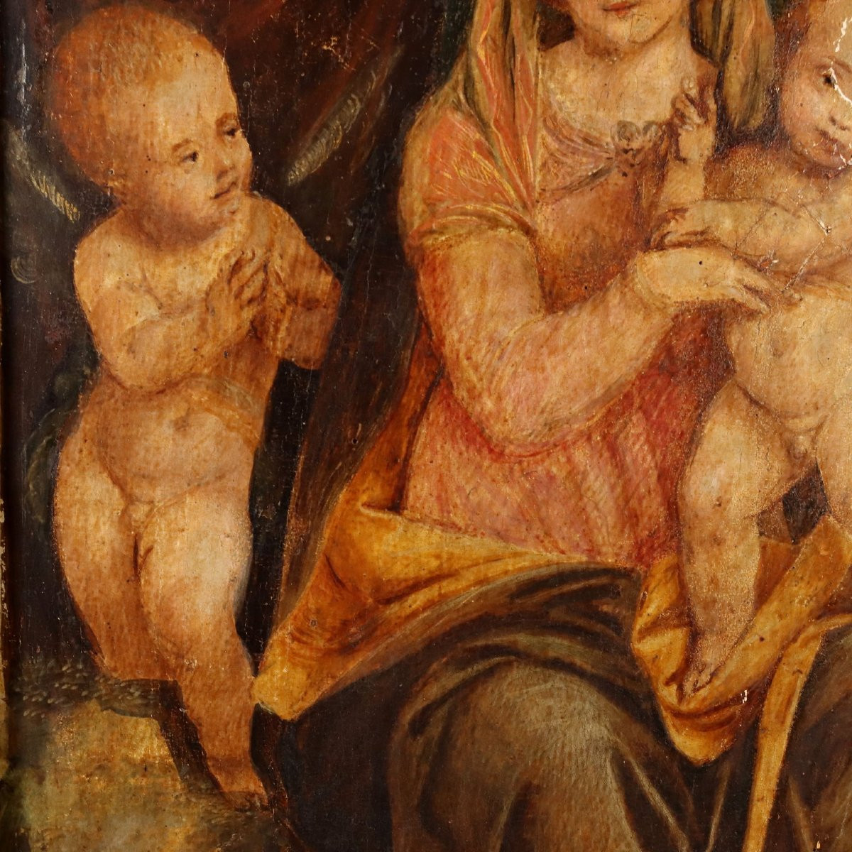 Tableau Ancien Vièrge Marie avec Enfant et Anges Huile sur Panneau-photo-2