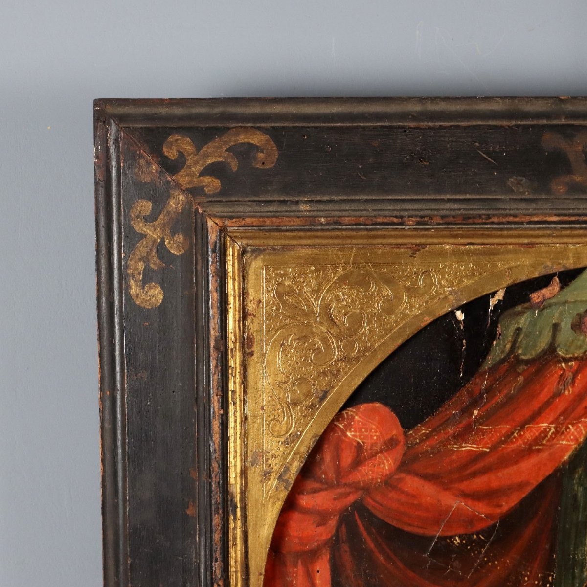 Tableau Ancien Vièrge Marie avec Enfant et Anges Huile sur Panneau-photo-4