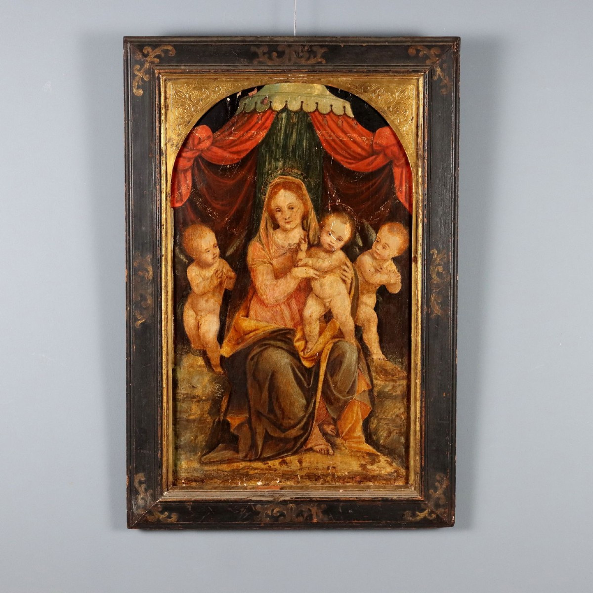 Tableau Ancien Vièrge Marie avec Enfant et Anges Huile sur Panneau