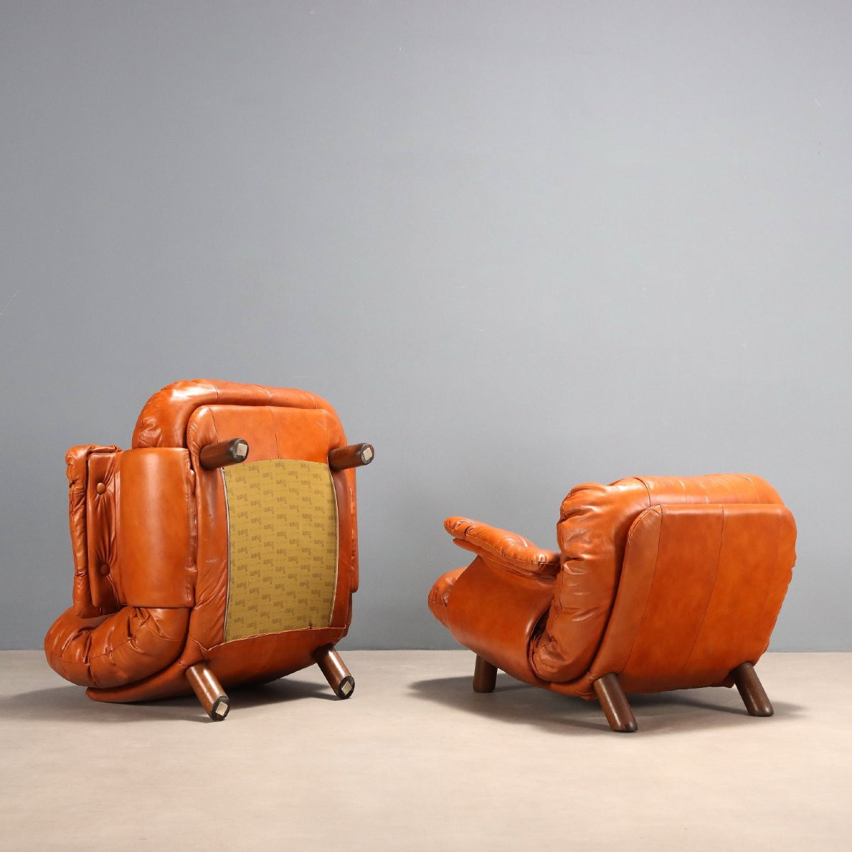 Fauteuils Insa Vintage Cuir Bois Design E. Cobianchi Années 1970-photo-4