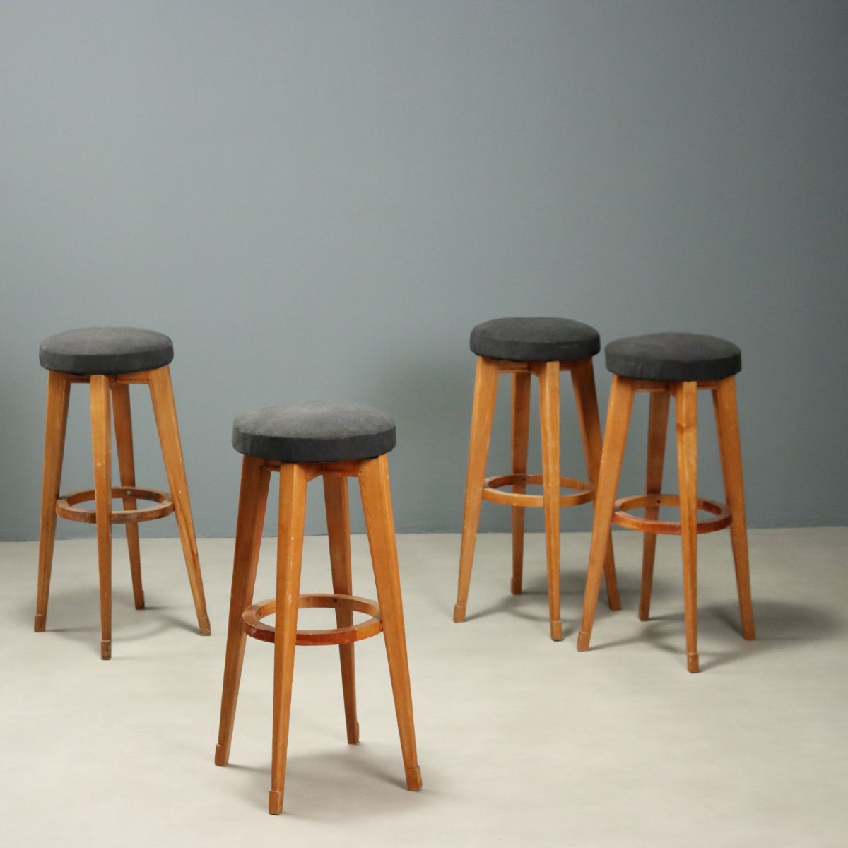 Vintage Stools Wood Grey Fabric Design Italy 1960s