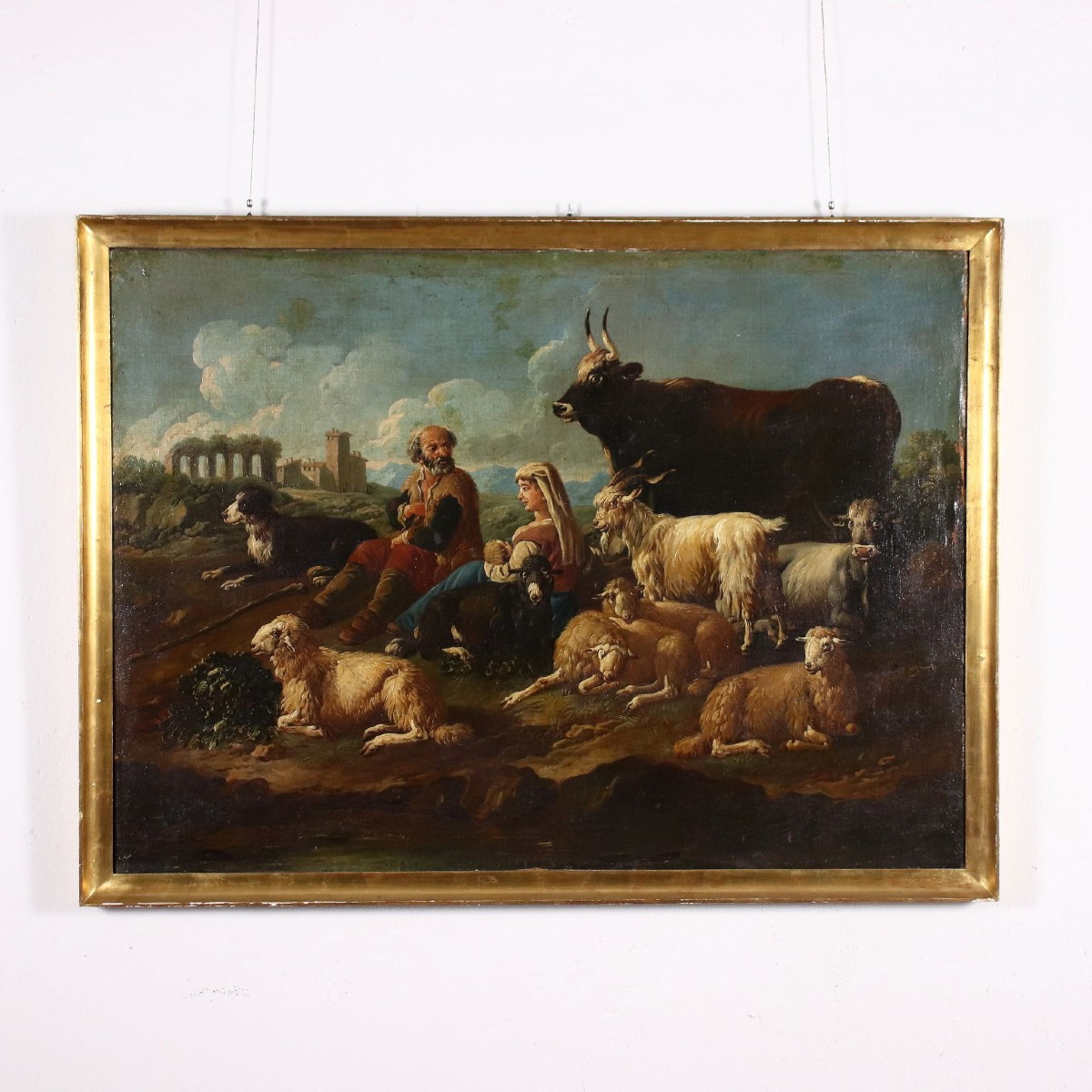 Tableau Ancien Paysage avec Bergers Huile sur Toile '600
