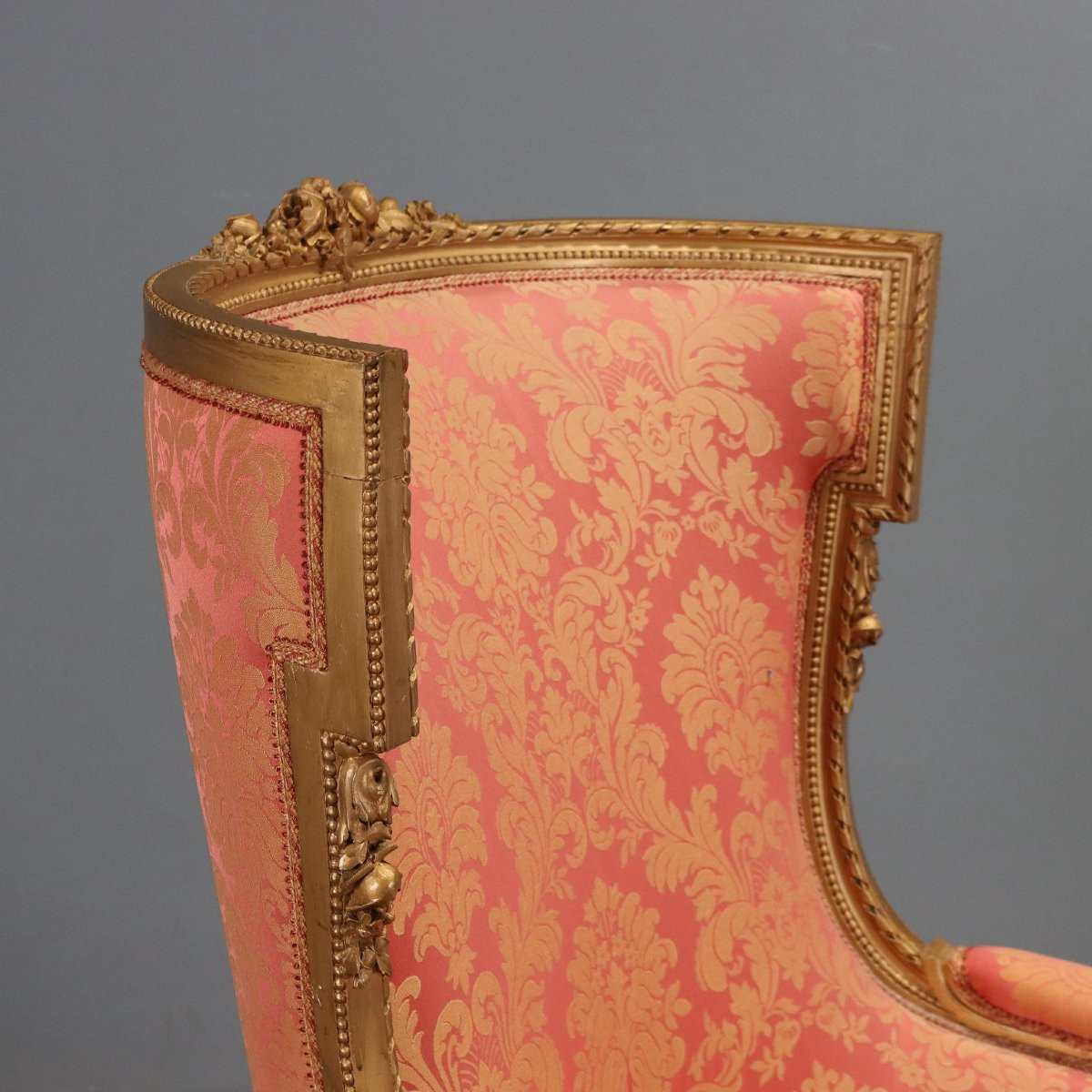 Fauteuil Ancien Bois Gravé Doré Tissu Italie XIXe Siècle-photo-3