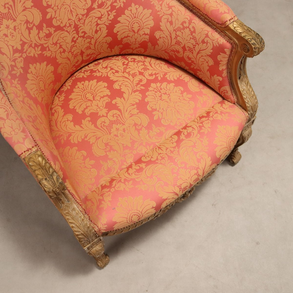 Fauteuil Ancien Bois Gravé Doré Tissu Italie XIXe Siècle-photo-6