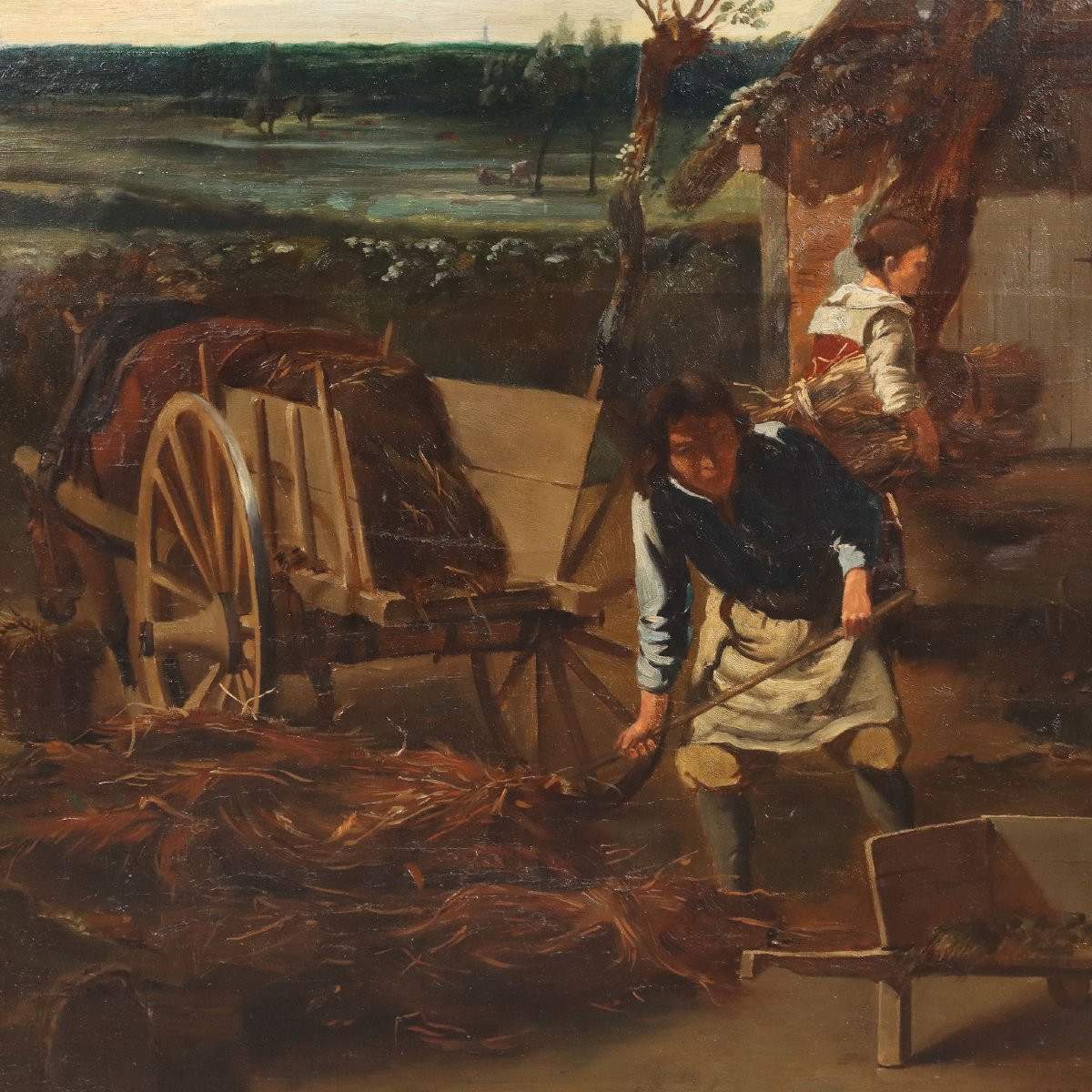 Tableau Ancien Paysage Champêtre Huile sur Toile Europe XIXe Siècle-photo-4