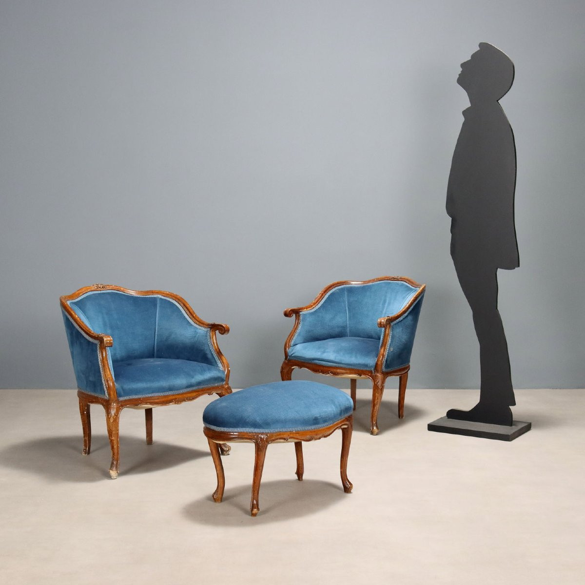 Fauteuils Anciens avec Pouf Noyer Style Baroque Italie XIXe Siècle-photo-2