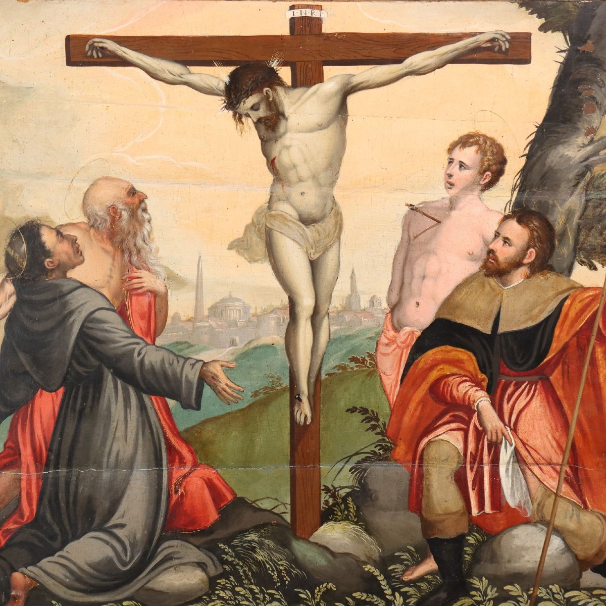 Antique Painting Christ Crucified With Saints Oil On Hardboard '500-photo-3