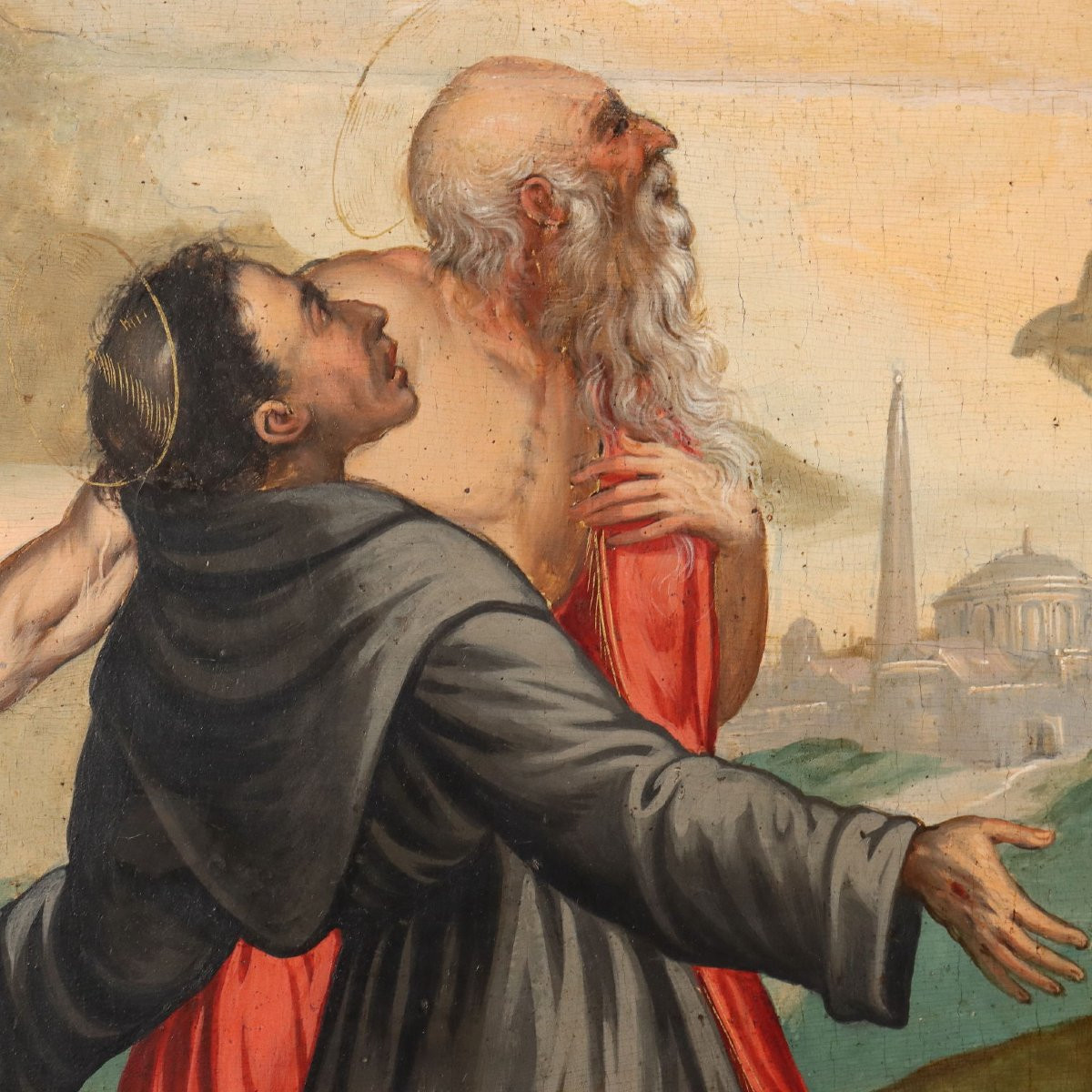 Antique Painting Christ Crucified With Saints Oil On Hardboard '500-photo-1