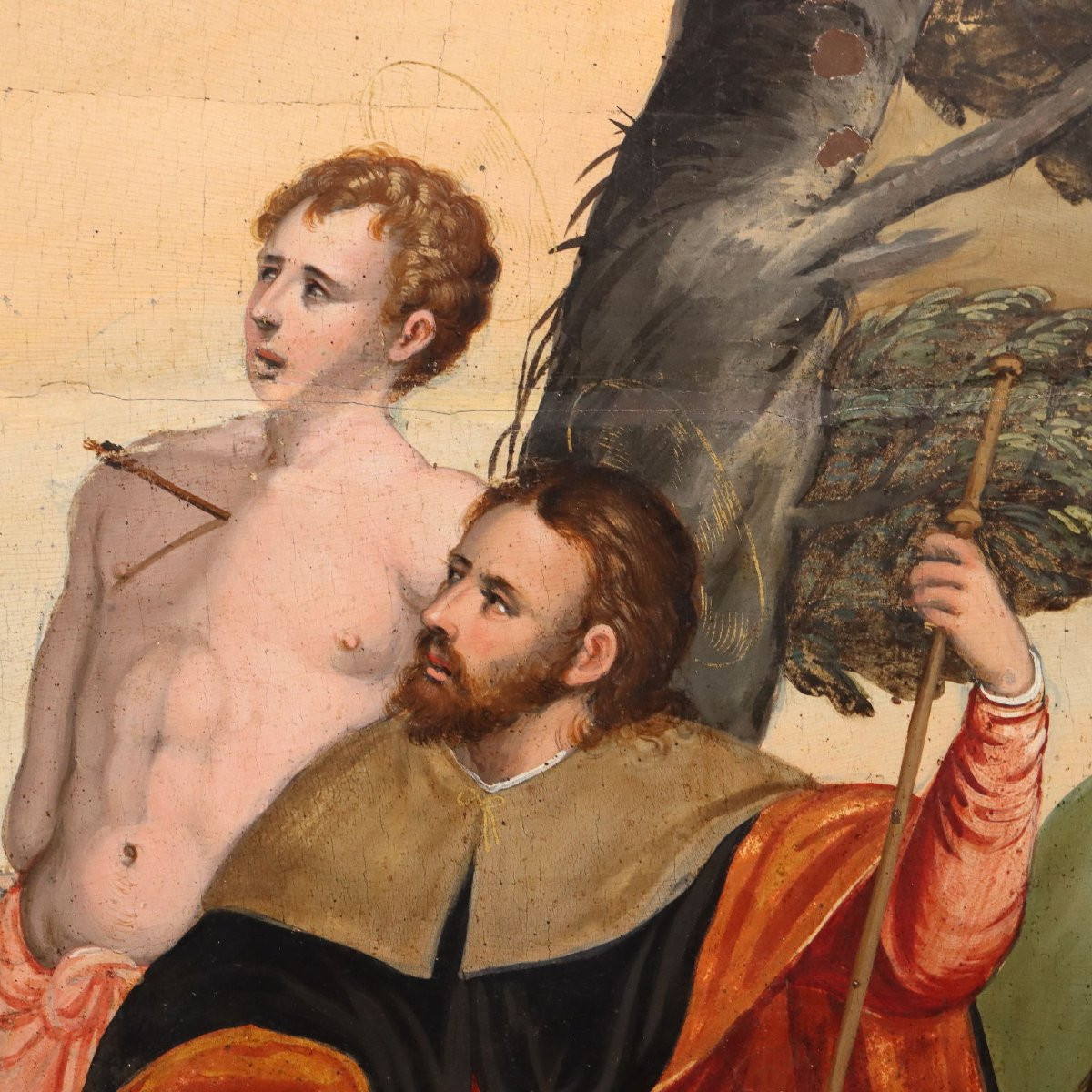 Antique Painting Christ Crucified With Saints Oil On Hardboard '500-photo-2