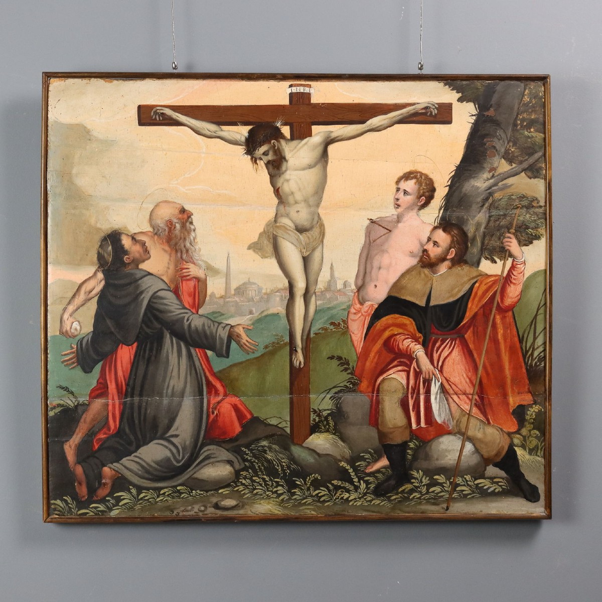 Antique Painting Christ Crucified With Saints Oil On Hardboard '500