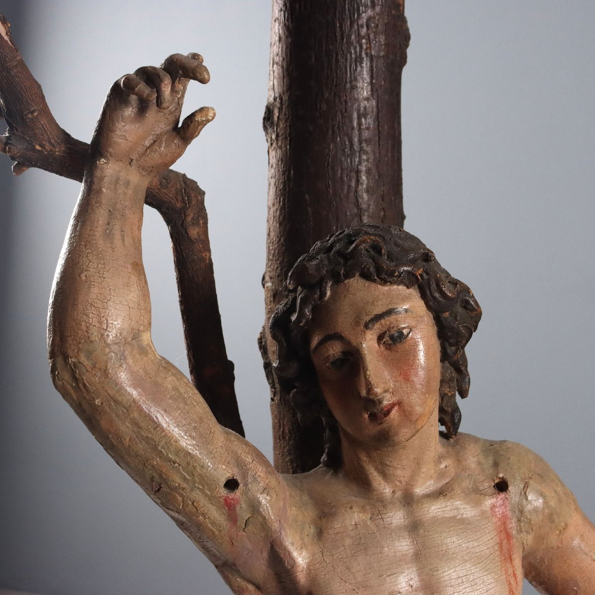 Antique Sculpture Saint Sebastian Carved Wood Italy XVII Century-photo-3