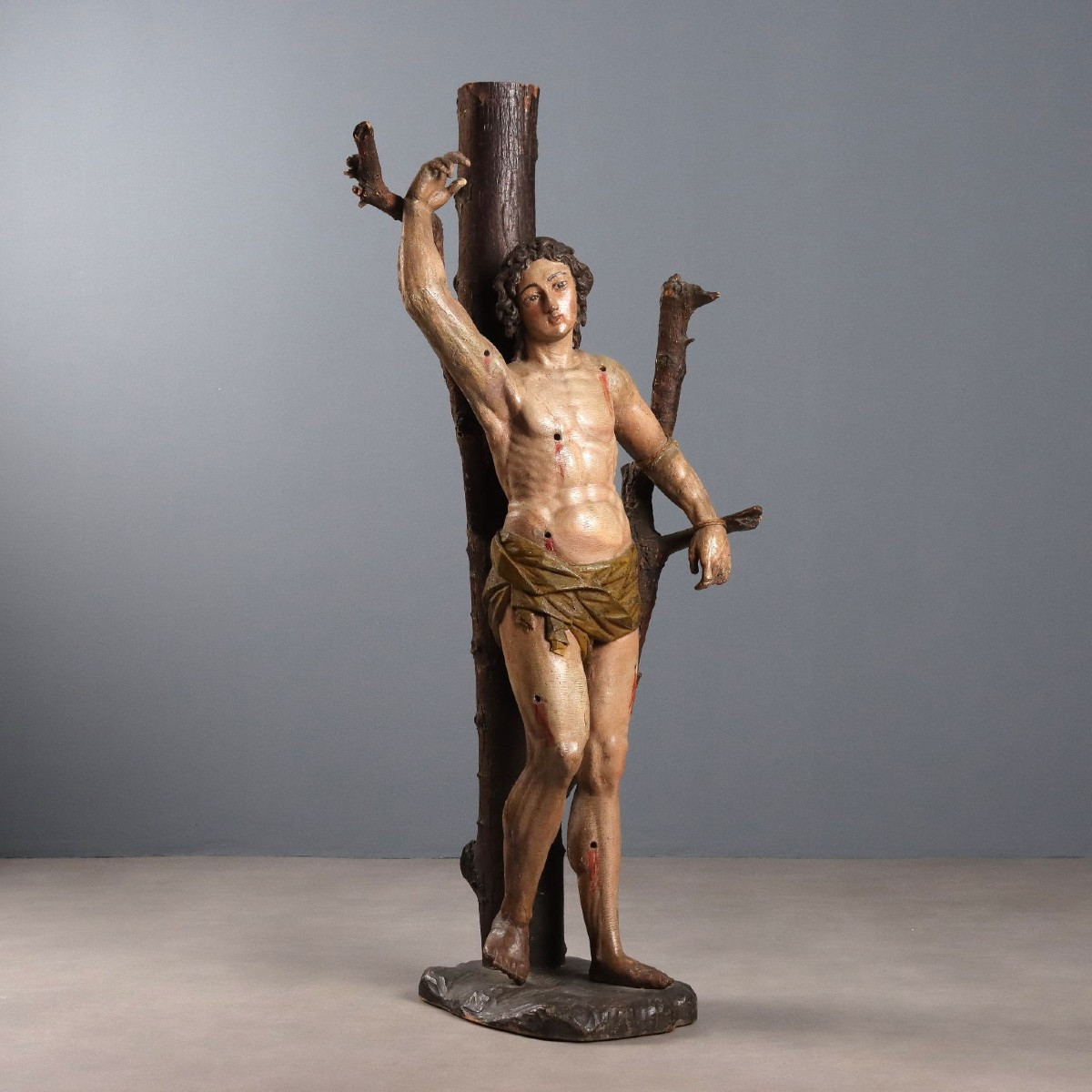 Antique Sculpture Saint Sebastian Carved Wood Italy XVII Century