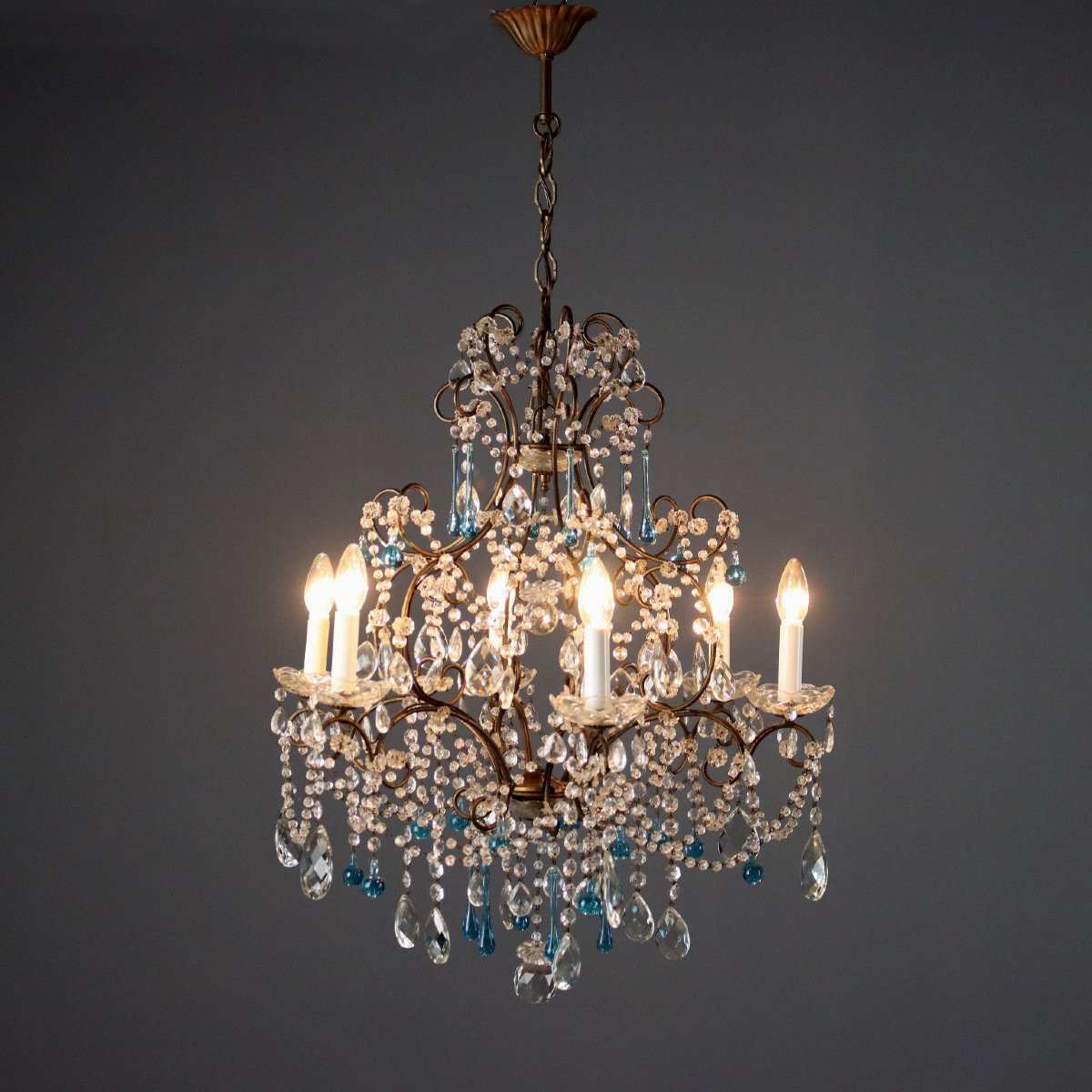 Lustres Anciens Fer Bruni Verre 6 Lumières Italie XIXe Siècle-photo-3