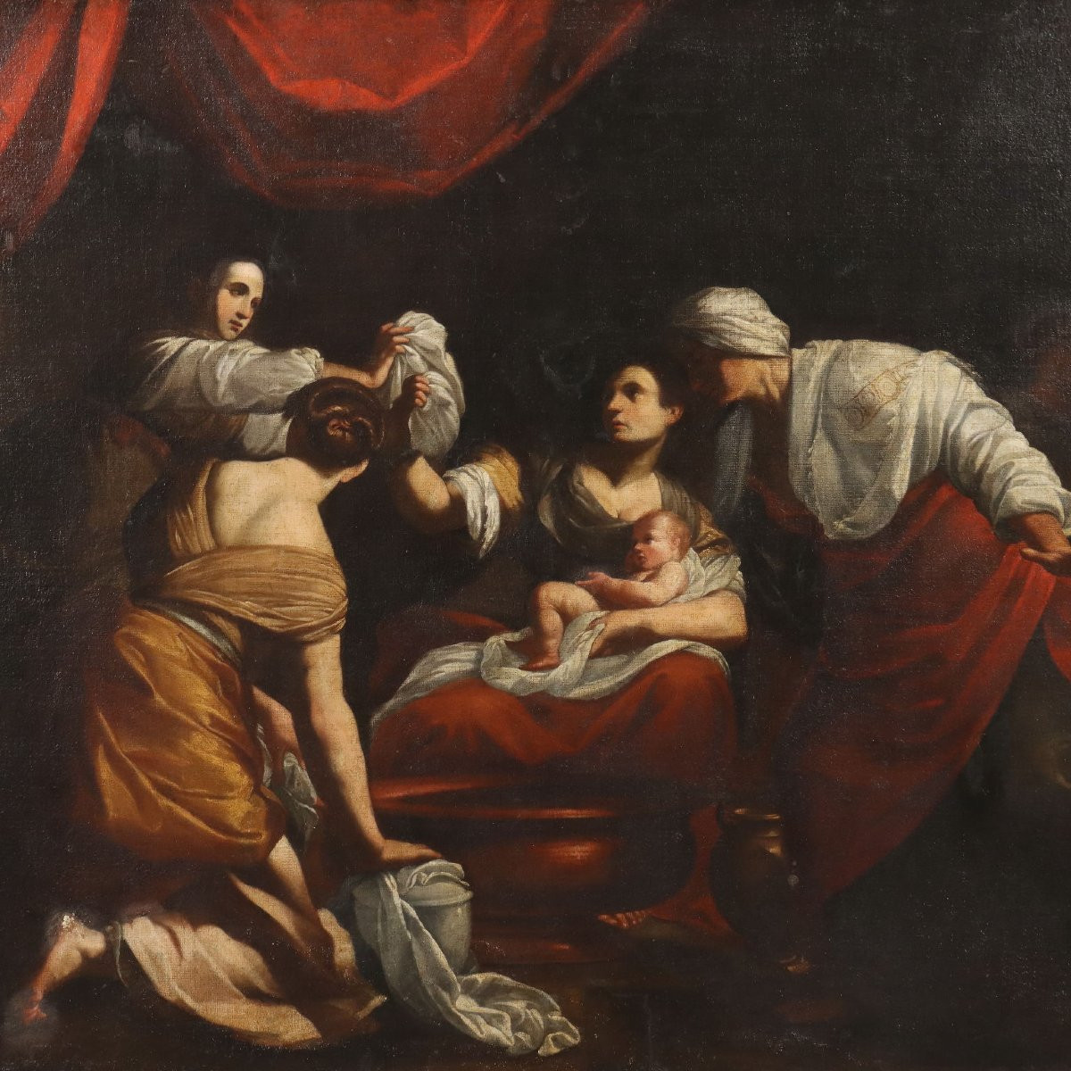 Tableau Ancien La Naissance de la Vierge Marie XVIIe Siècle Copie par Simon Vouet-photo-3