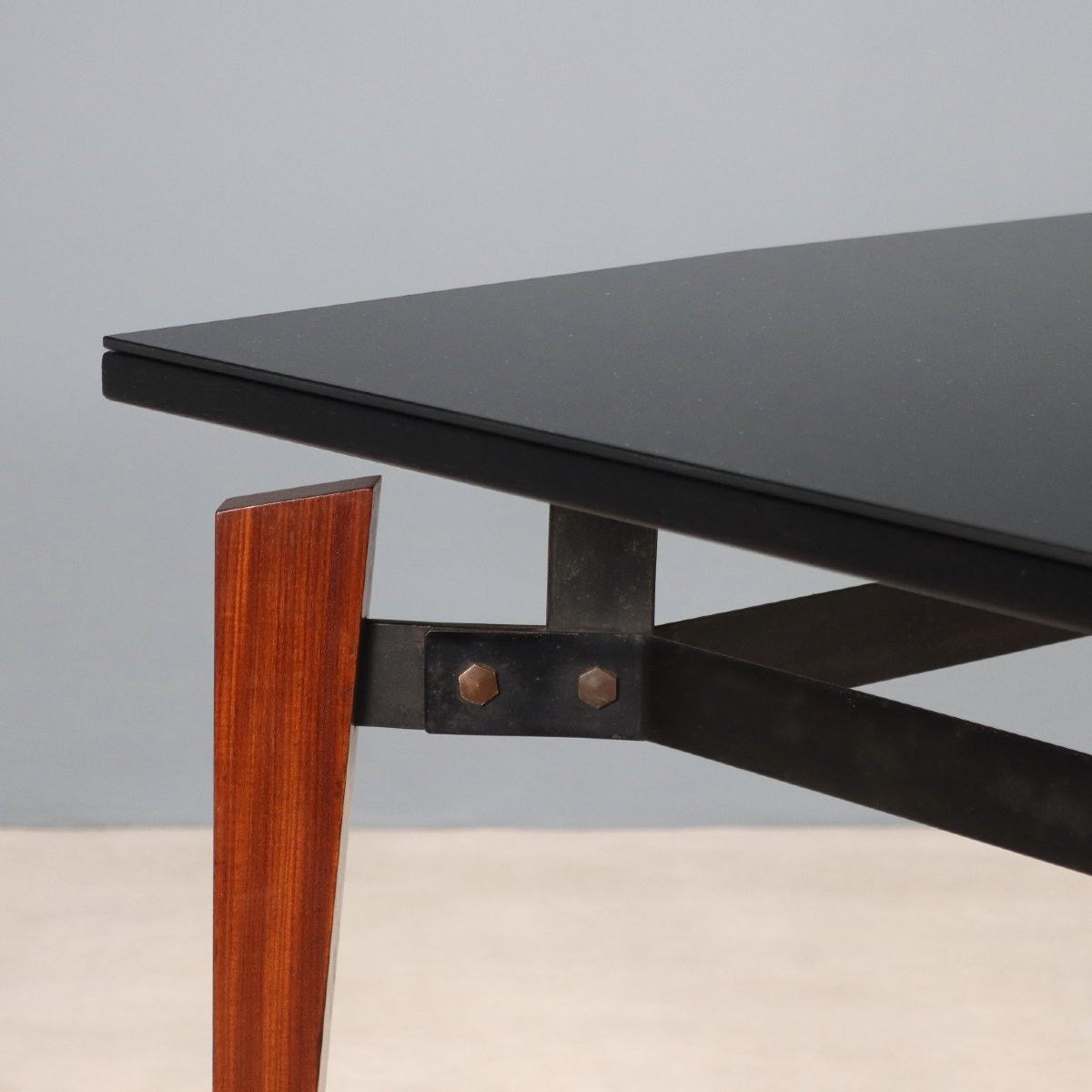 Table Vintage Acajou Métal Verre Design Italie Années 1960-photo-3