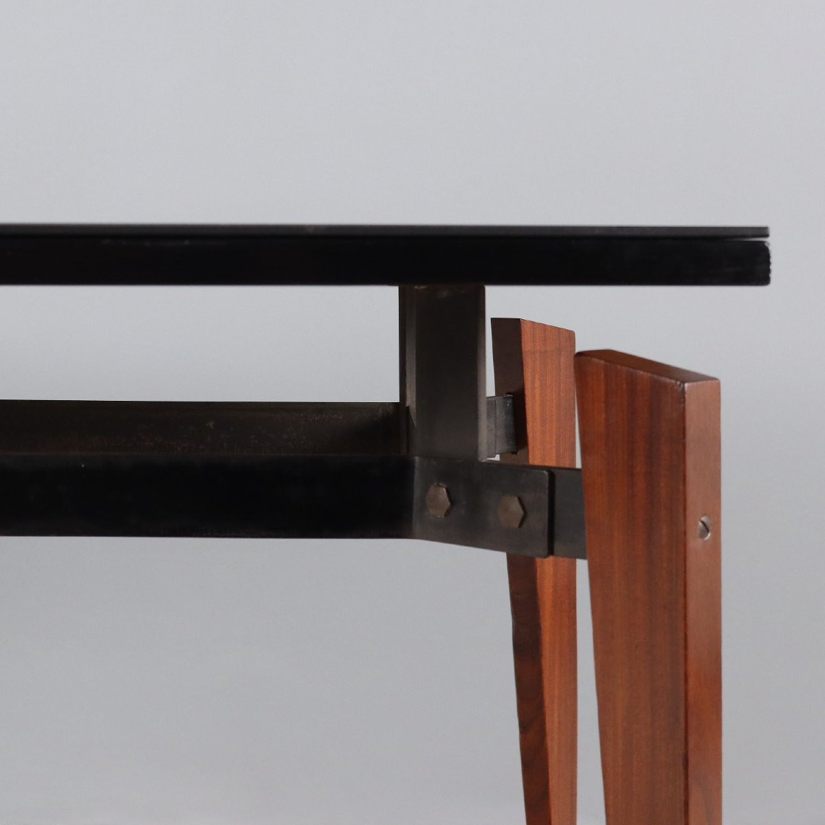 Table Vintage Acajou Métal Verre Design Italie Années 1960-photo-4