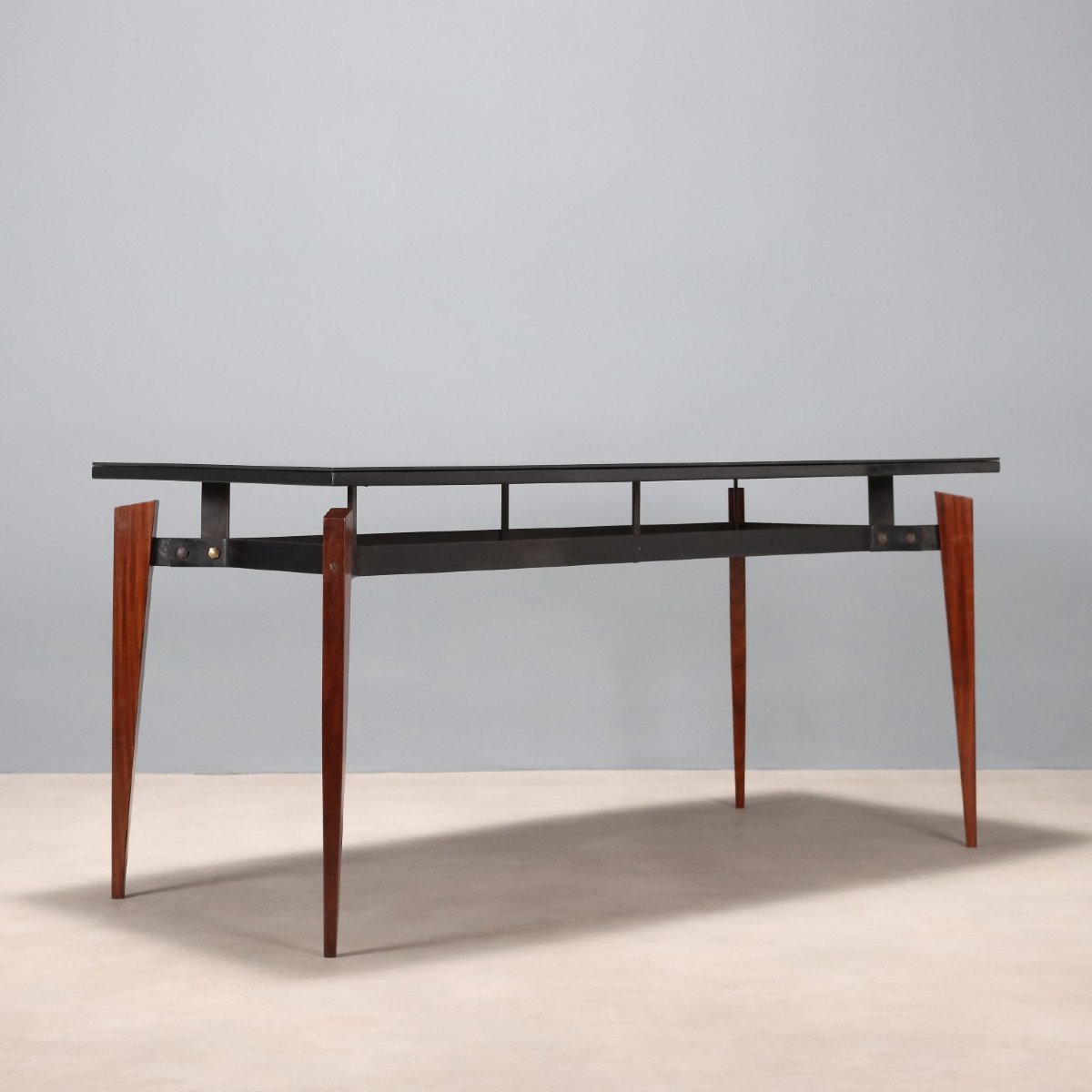 Table Vintage Acajou Métal Verre Design Italie Années 1960-photo-2